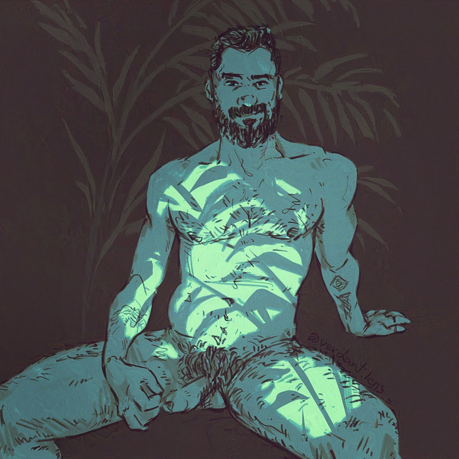 Queerart digital illustration of a nude man with palm fronds behind him