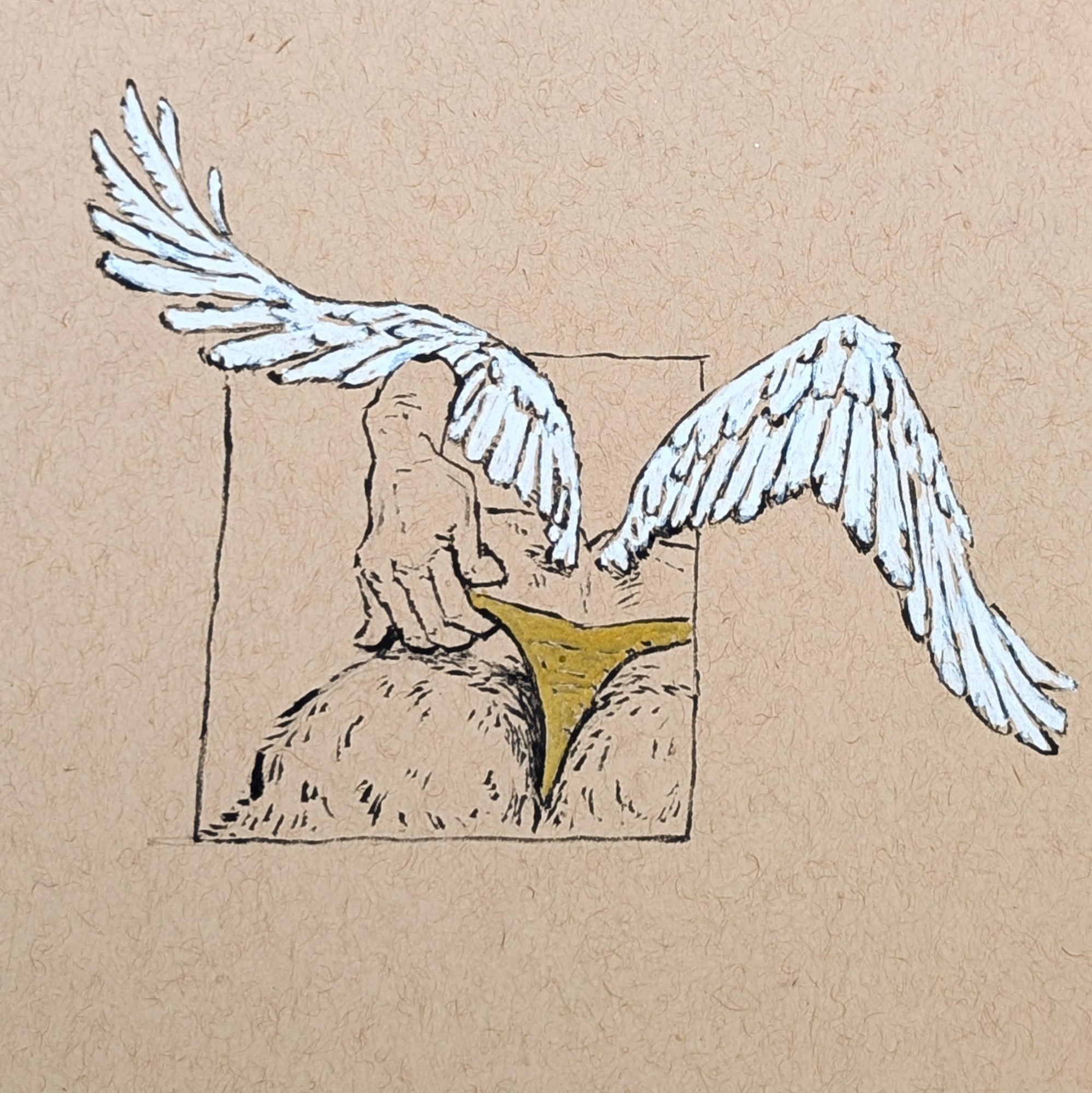 Queerart Traditional ink drawing of a man with wings adjusting his underwear