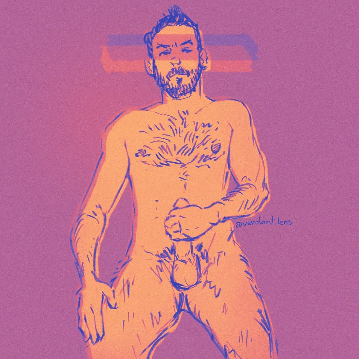 Queerart digital illustration of a nude man masturbating