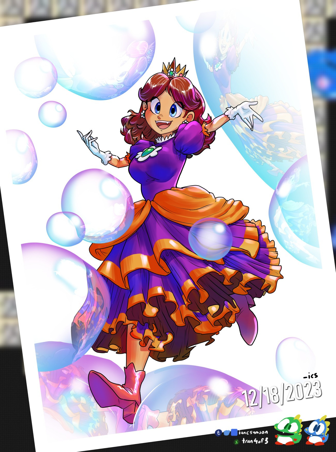 Princess Daisy, surrounded by the Bubbles that have consumed her enemies. She's rich now.