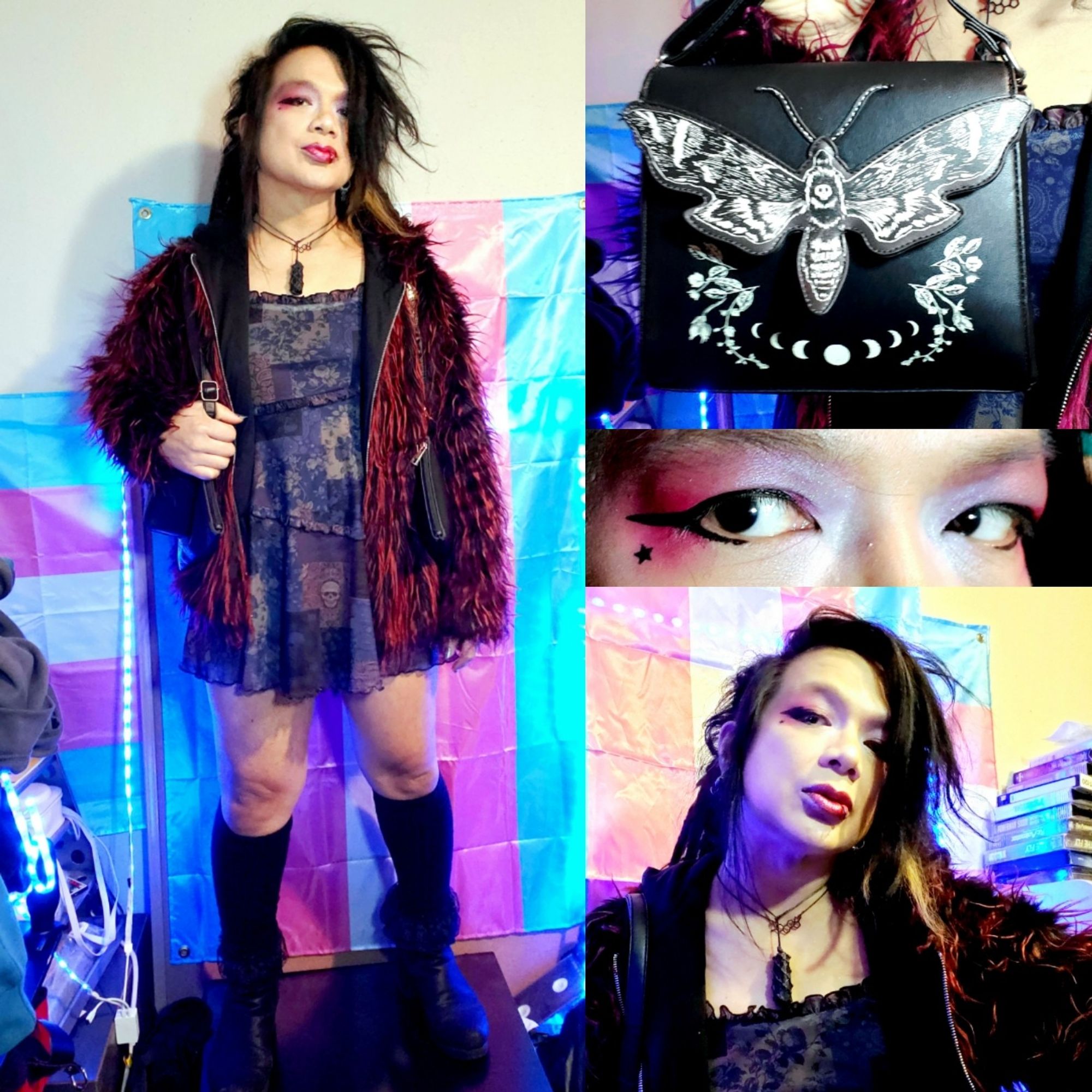 4 panel pic of Kei's outfit.
Left tall panel is head to toe.
Chelsea boots with Clown Frill, black knit legwarmers with lace Frill, asym skull patchwork dress, red and black faux fur hooded coat, dual holster bag harness, WITCH jewel bangle and stud star Trans Bracelets, black tourmaline drop necklace and Estrogen chain, red lipstick with Shimmer, dreads loosely tied and hair feathered out.
Top right panel is closeup of DeathMoth purse.
Middle right panel is closeup of eyes, Shimmer into purple into red with stars under liner wings.
Bottom right panel is chest up pic of Kei About To Adventure.
All pics color saturated and contrast boosted with Trans Pride Flags for backdrop.