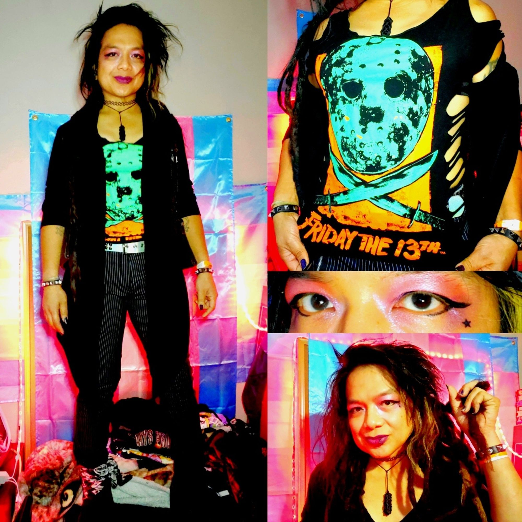 4 panel pic showing Kei's outfit. Tall left panel is head to toe. Black boots with bandana on Her right ankle, pinstripe zipper slacks, studded glitter belt, single row stud bracelets, cut up FridayThe13th tee, black hooded cloak, dula holster bag harness, black tourmaline drop necklace and 90s stretch choker, red lipstick fuscia and purple Eyeshadow and black wing eyeliner, dreads back and hair messy styled.
Tope right panel is closeup of Tee. Bardot Cut neck and super slitted on sides.
Right middle panel is closeup of eyes. Small black star under Her left wing.
Bottom tight panel is chest yp pic of Kei, Her left hand up in hair, kind of a smirk. Red LED light washing in from left of frame.
All images are color saturated and high contrast, with Trans Pride Flags for backdrop.