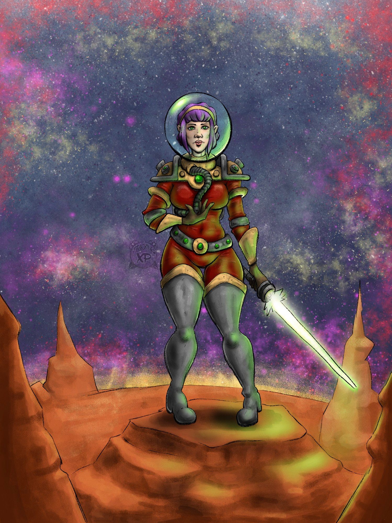 A purple-haired woman dressed in a space suit reminiscent of something found in atom punk or raygun gothic art/settings. There's a soft green glow from her lazer sword. She stands on a red and rocky landscape with a colorful space backdrop behind her.