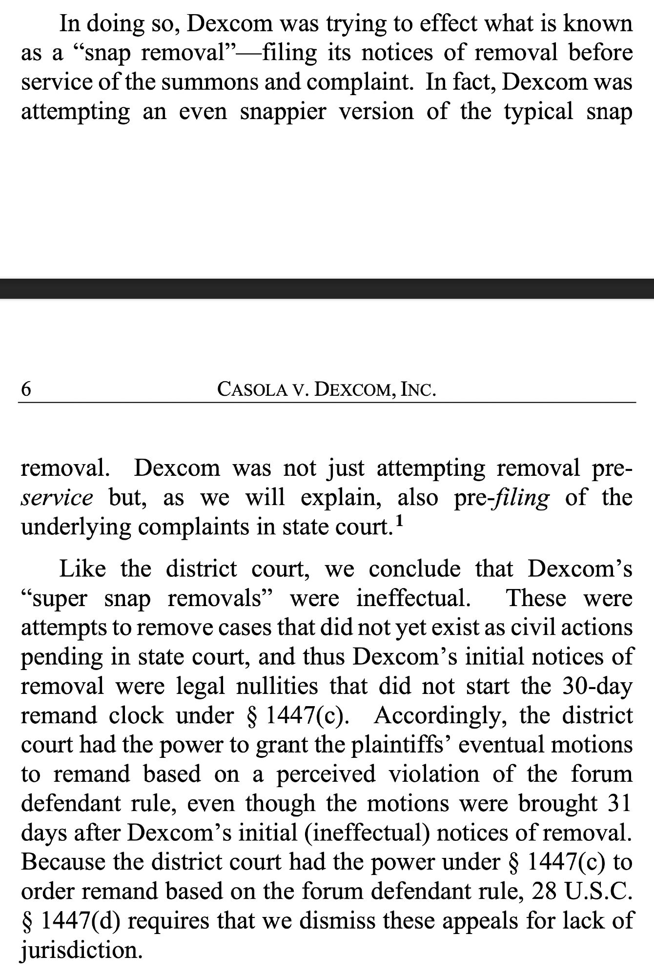 Screenshot of a court opinion discussing "super snap removal."