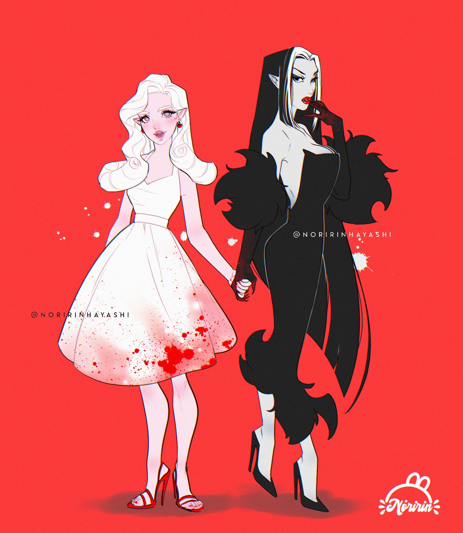 Two vampire girlfriends holding each other’s hands, both are wearing vintage inspired clothing from the ‘40s, very pin up. One is dressed in full white with blood stains in her dress and a sweet expression in her face and the other one is serious, dressed in full black with a dress full of feathers in the bottom and in the long gloves.