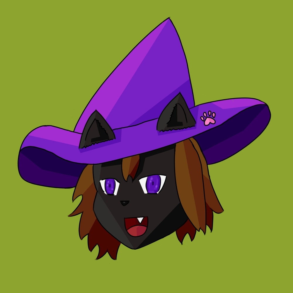 A drawing of a cat girl with black fur and a purple witch hat