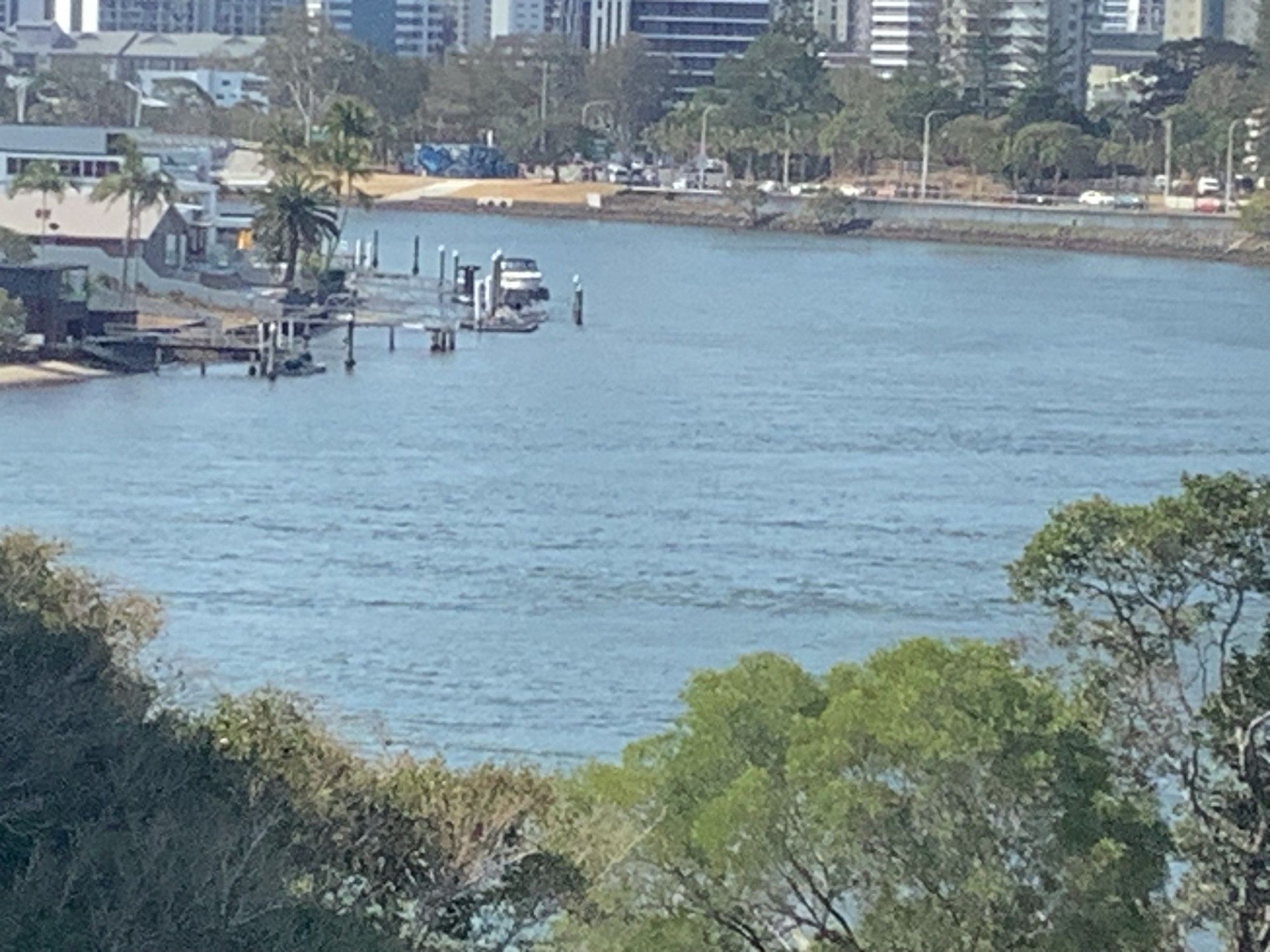 Photo is of Nerang River, Queensland looking north with horizontal ripples in water in the opposite direction to tide flow