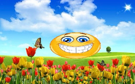 yellow smiling emoji upon a beautiful green field. In the foreground grows yellow and red flowers, butterflies fluttering between. The sky is bright blue, with fluffy white clouds. Very pretty, very very pretty scene.