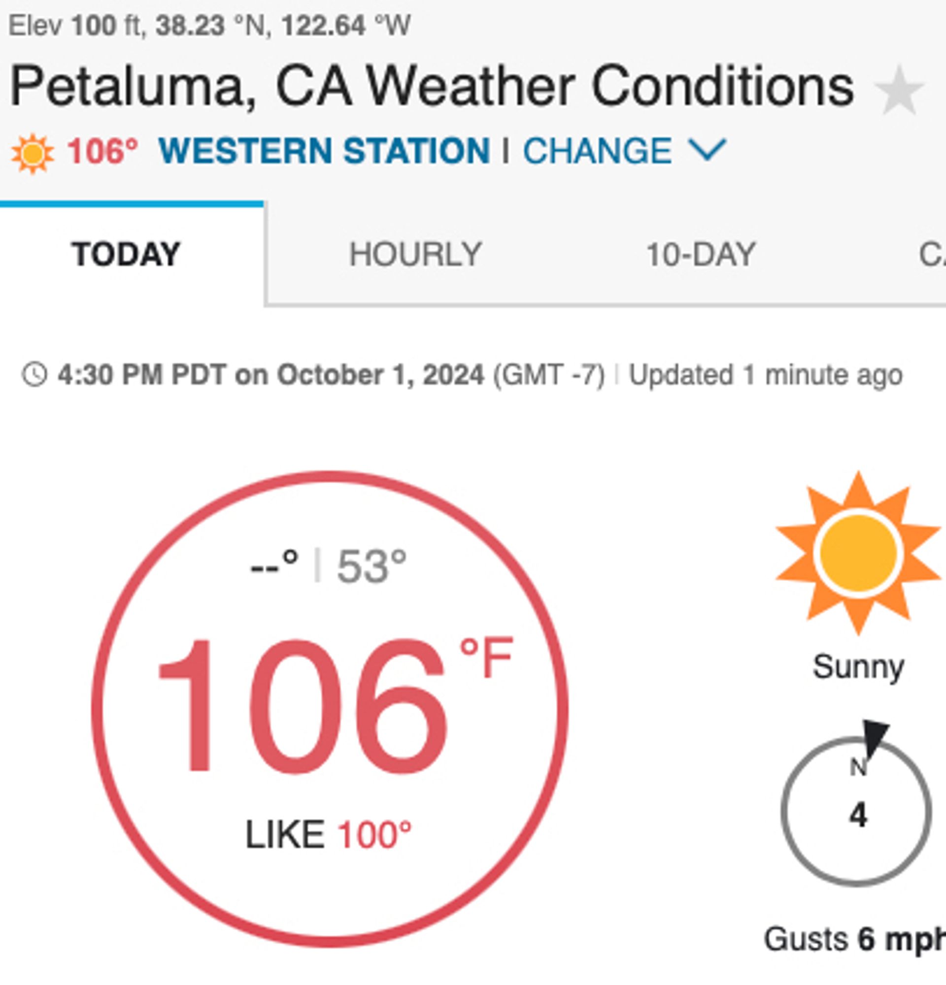 Weather Underground screen shot, showing 106°F temperature and sun.