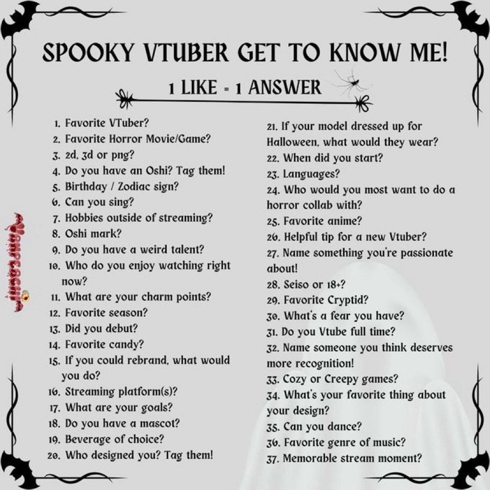 Image is titled "Spooky vtuber get to know me", where 1 like = 1 answer.
1. Favorite vtuber?
2. Favorite horror movie/game?
3. 2d, 3d, or png?
4. Do you have an oshi? tag them!
5. Birthday/Zodiac sign?
6. Can you sing?
7. Hobbies outside of streaming?
8. Oshi mark?
9. Do you have a weird talent?
10. Who do you enjoy watching right now?
11. What are your charm points?
12. Favorite season?
13. Did you debut?
14. Favorite candy?
15. If you could rebrand, what would you do?
16. Streaming platform(s)?
17. What are your goals?
18. Do you have a mascot?
19. Beverage of choice?
20. Who designed you? Tag them!
21. If your model dressed up for Halloween, what would they wear?
22. When did you start?
23. Languages?
24. Who would you most want to do a horror collab with?
25. Favorite anime?
26. Helpful tip for a new vtuber?
27. Name something you're passionate about!
28. Seiso or 18+?
29. Favorite cryptid?
30. What's a fear you have?
31. Do you vtube full time?
32. Name someone you think deserves more recognition!
33. Cozy or creepy games?
34. What's your favorite thing about your design?
35. Can you dance?
36. Favorite genre of music?
37. Memorable stream moment?