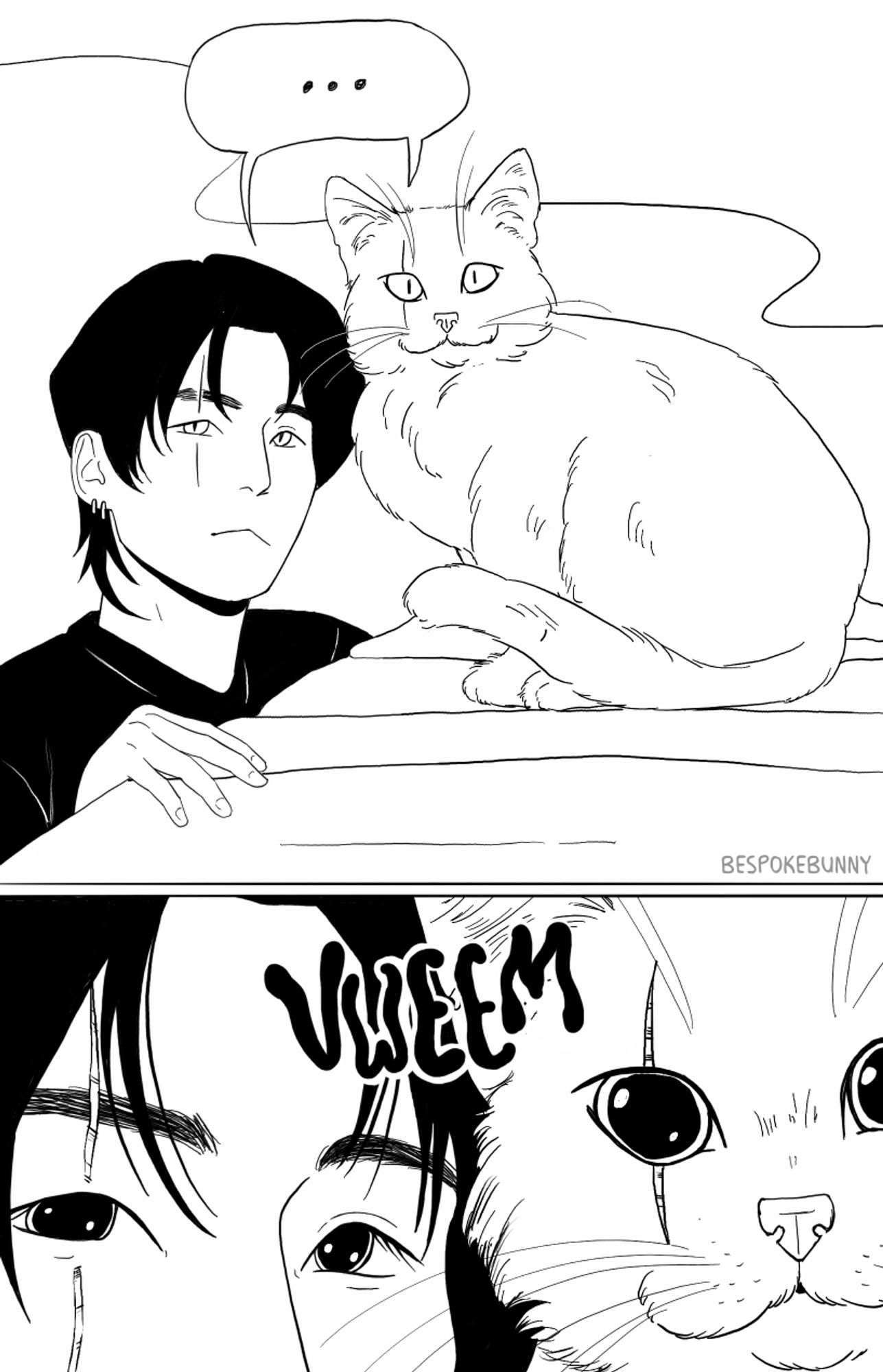 two panel comic. panel 1: 🐱 and a cat look at the viewer sharing a speech bubble that says, "..." panel 2: zoomed in on 🐱 and the cat's eyes with their pupils dilated and the sound effect "VWEEM"