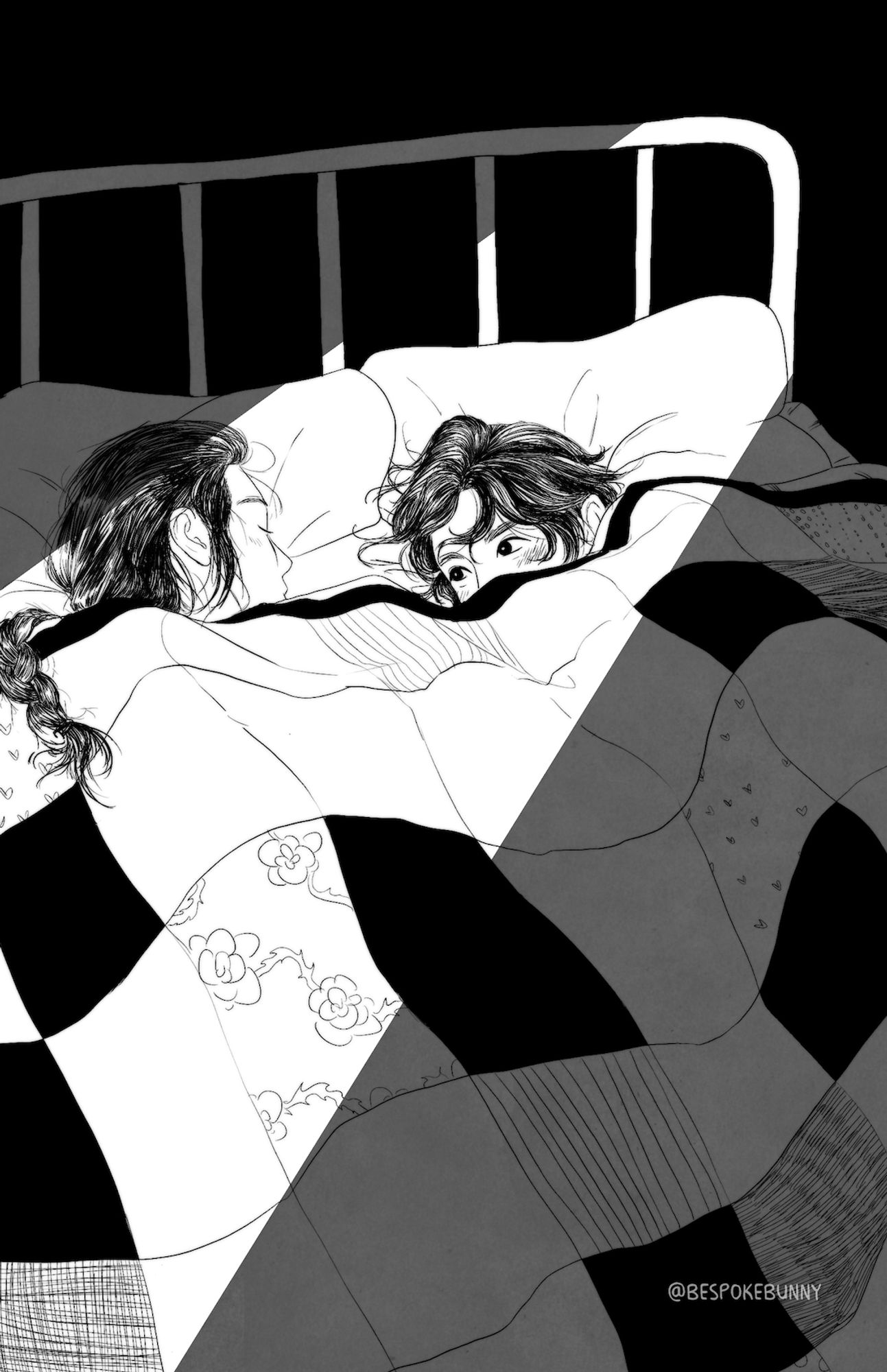 Black and white drawing of yg and jk tucked into bed together. Yg is asleep and jk is peeping at him from under the quilt.