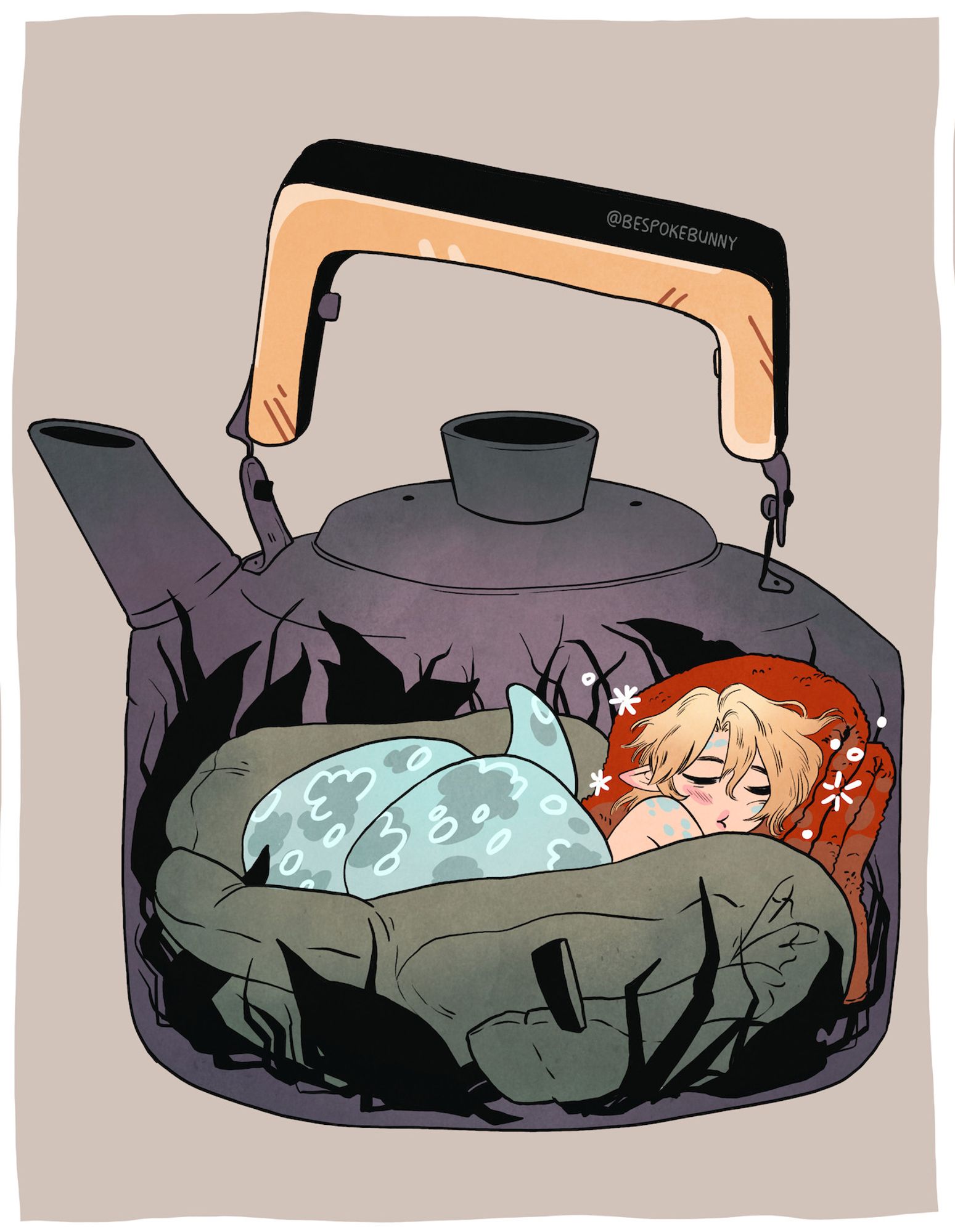 A chibi drawing of snake hybrid JM dozing on a nest inside of an old tea kettle.