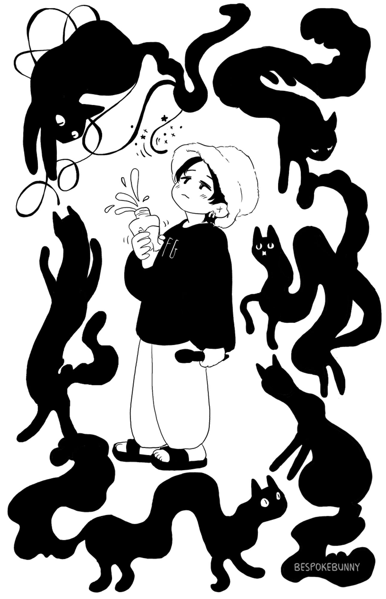 cartoony drawing of 🐱 surrounded by a border of abstracted cat doodles