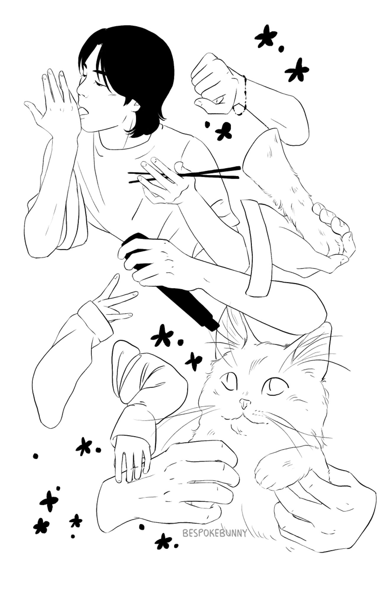 collage of studies of 🐱, his hands, and cats