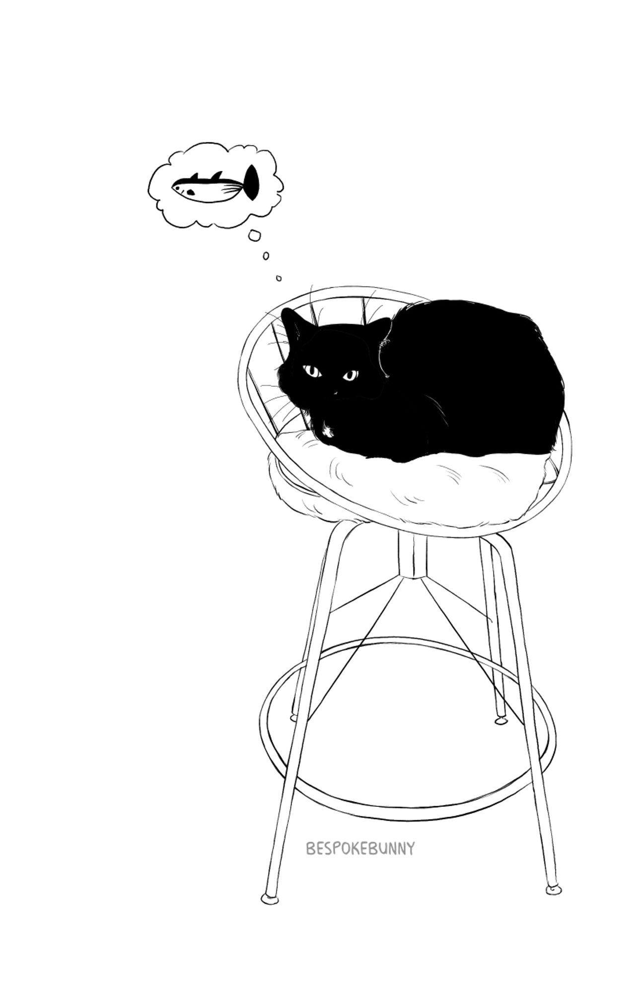 drawing of a black cat loafing on a stool with a thought bubble containing the tuna from 🐹's "supertuna" shirt