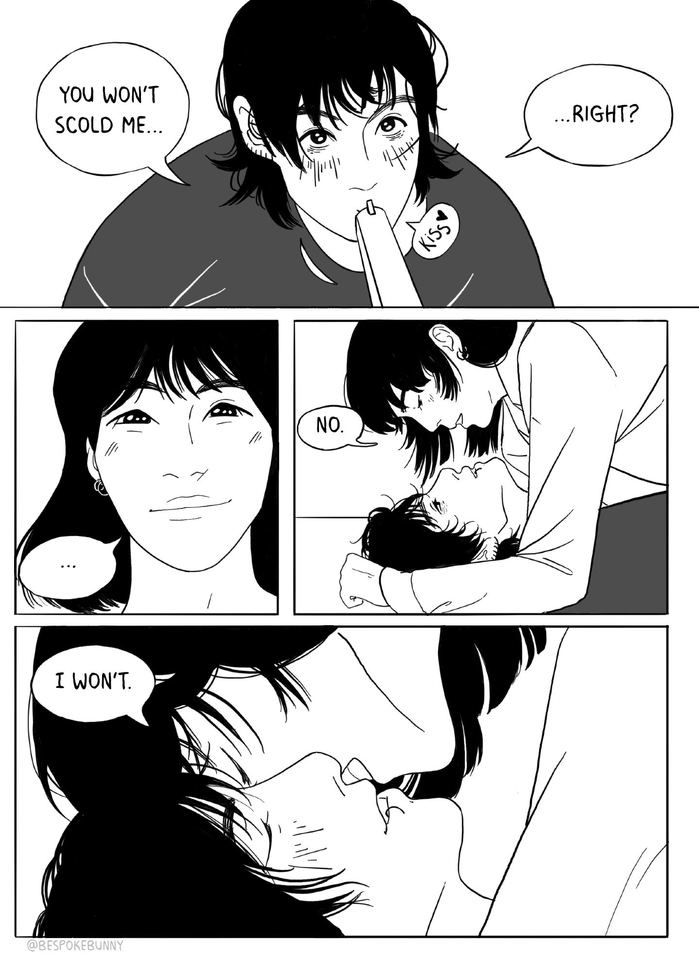 black and white comic page. jk leans in and kisses the gun saying, "you won't scold me, right?" yoonji smiles warmly and leans down to kiss jk's face saying, "... no. i wont."