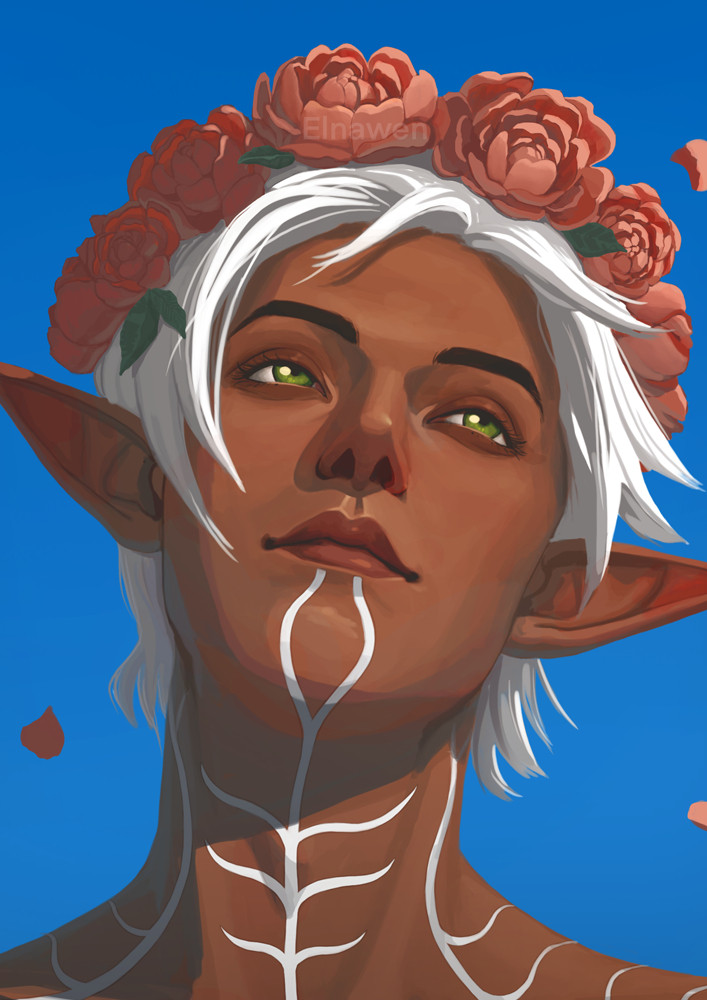 A digital portrait illustration of Fenris from Dragon Age 2. He is seen slightly from below on a clear blue sky, from the shoulder up. He is lit by bright sunlight. He is wearing a pink peonies flower crown. He is smiling slightly, looking off to the side.