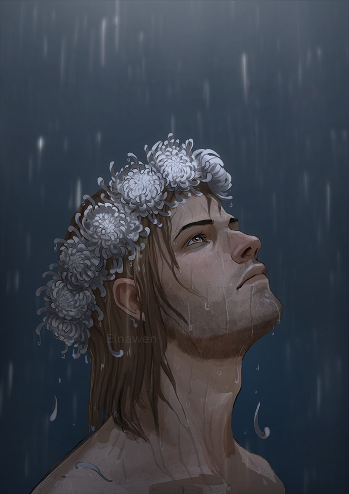 A digital portrait illustration of Anders from Dragon age 2. He is seen from the shoulders up, under the rain, looking up with a sad expression, wearing a white chrysanthemum flower crown. The colors are muted and cold. Some of the petals of the crown are falling around him.