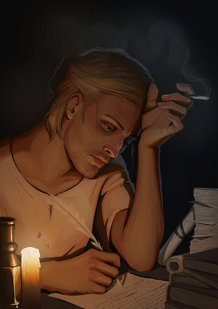 A digital illustration of Anders from Dragon Age 2. He is sitting at his desk, surrounded by piles of papers, writing with a quill on a parchment sheet. He looks exhausted and unkept, holding his head with one hand. In the same hand he is holding a lit cigarette. The smoke from the cigarette billows above him and the scene is lit by the soft glow of a single candle in the foreground.