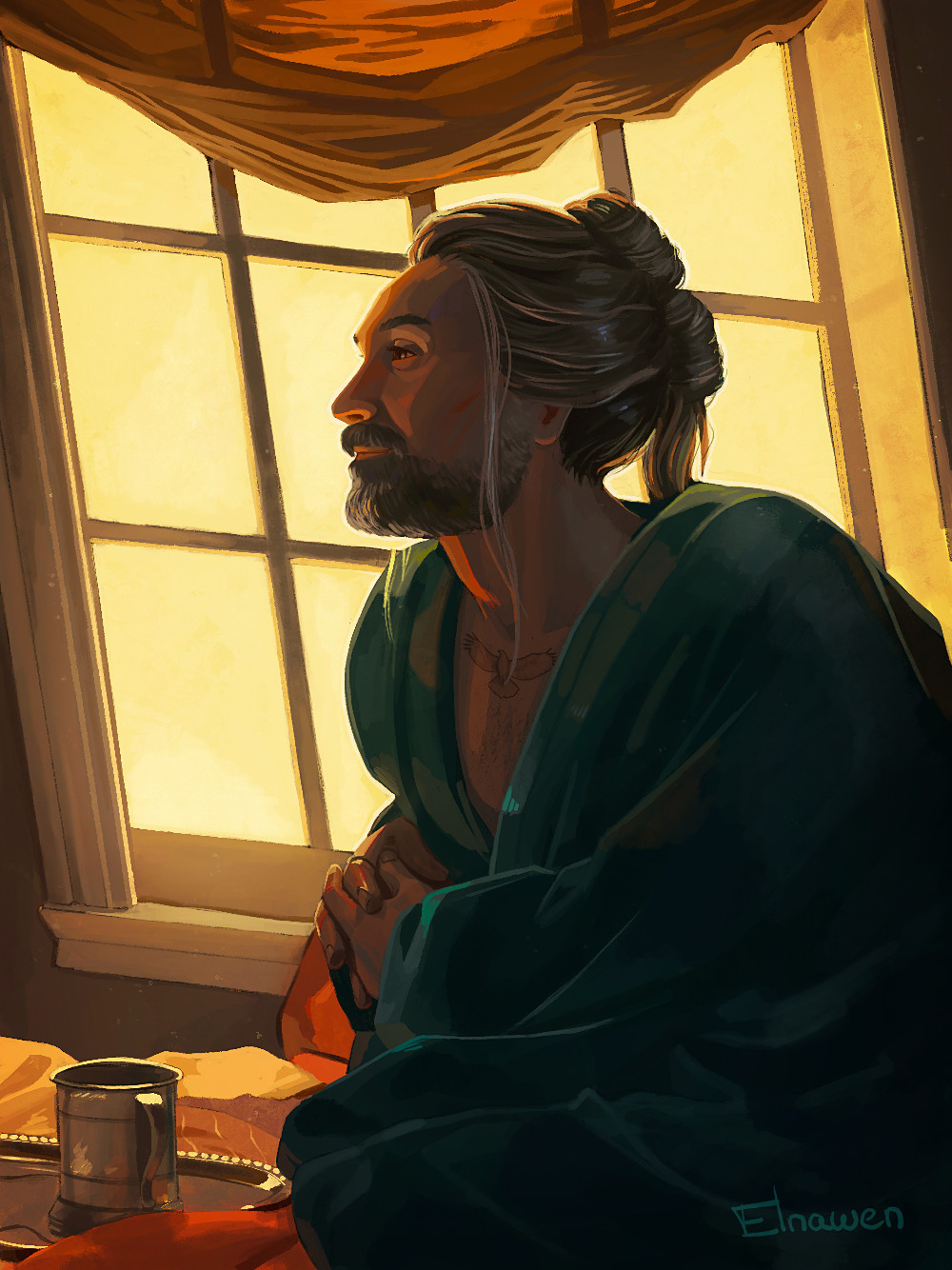 A digital illustration of Ed Teach aka Blackbeard from the show Our Flag Means Death. He is seen from the side, sitting on the bed in his cabin, looking off to the left. He is lit by the gentle golden glow of the big window behind him. His hair is in a loose bun and he is wearing a dark green comfy gown. There's a silver platter with a metal tankard on it on the bed in front of him. He looks serene and in love. 