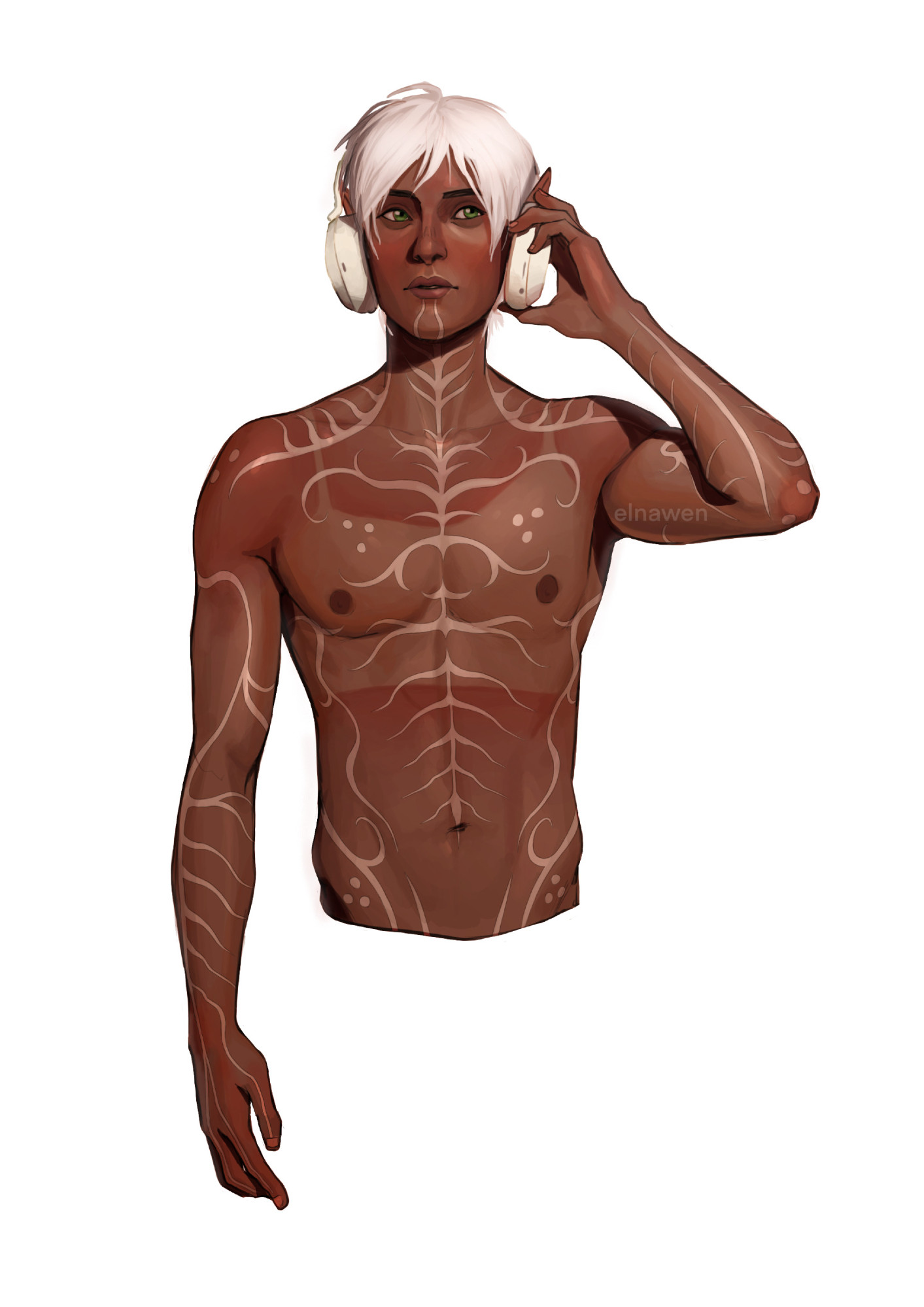 A digital illustration of Fenris from the game Dragon Age 2, following the Heatstroke trend. He is seen from the waist up, nude and facing the viewer, with one hand holding a pair of white headphones on his head, against a white background. He is looking absentmindedly to the side. On his chest you can see the tan line of a crop top, with the tan being closer to an angry sunburn. He is covered in the white lines of an intricate tattoo. 