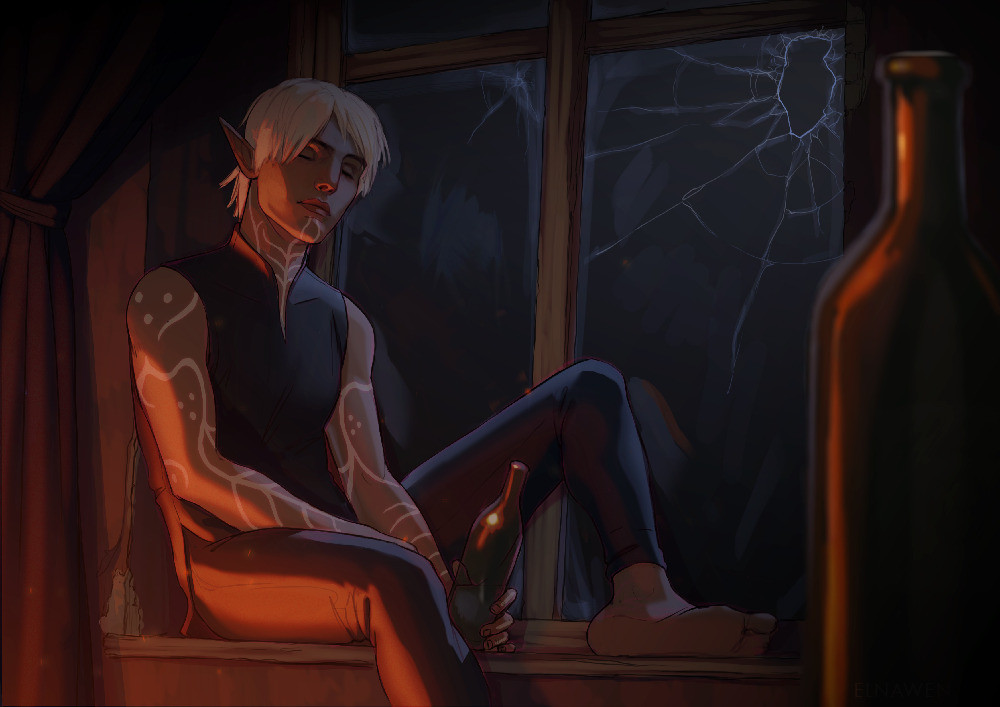 A digital illustration of Fenris from Dragon Age, sleeping peacefully on a windowsill inside his mansion. The room is dark, with the moonlight highlighting some cracks in the window and a fireplace outside of the viewfield illuminating the other side of Fenris. 