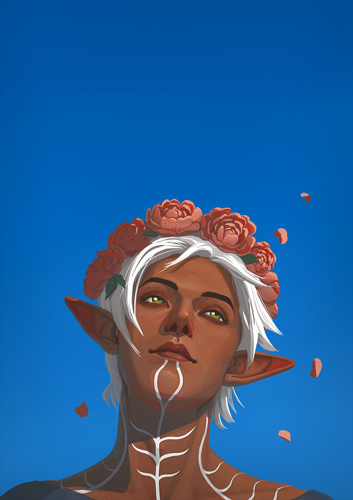 A digital portrait illustration of Fenris from Dragon Age 2. He is seen slightly from below on a clear blue sky, from the shoulder up. He is lit by bright sunlight. He is wearing a pink peonies flower crown. He is smiling slightly, looking off to the side.