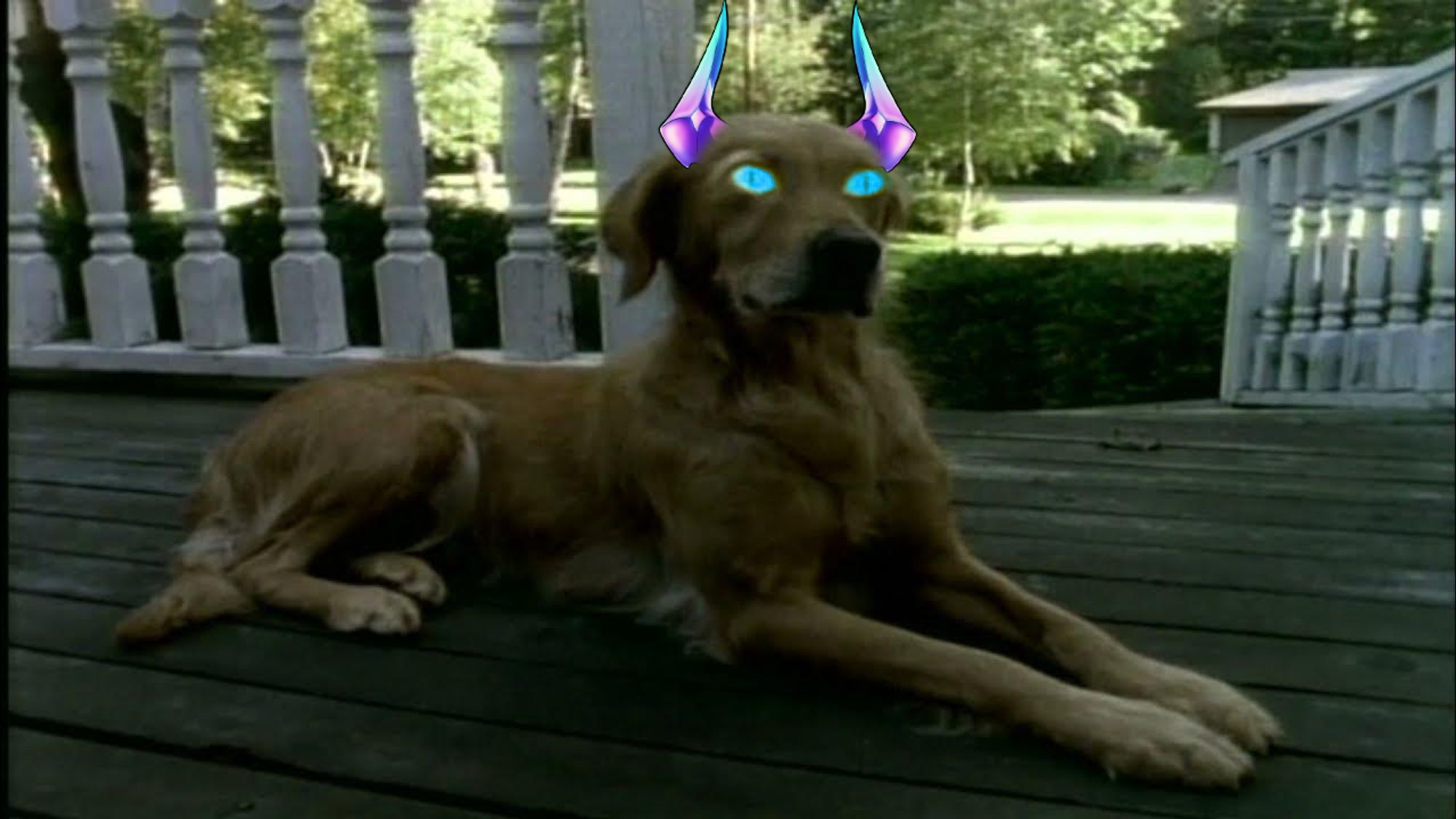 Spooky dog with glowing eyes from the Goosebumps TV Show, but with ID-Ten's glowing eyes and horns.