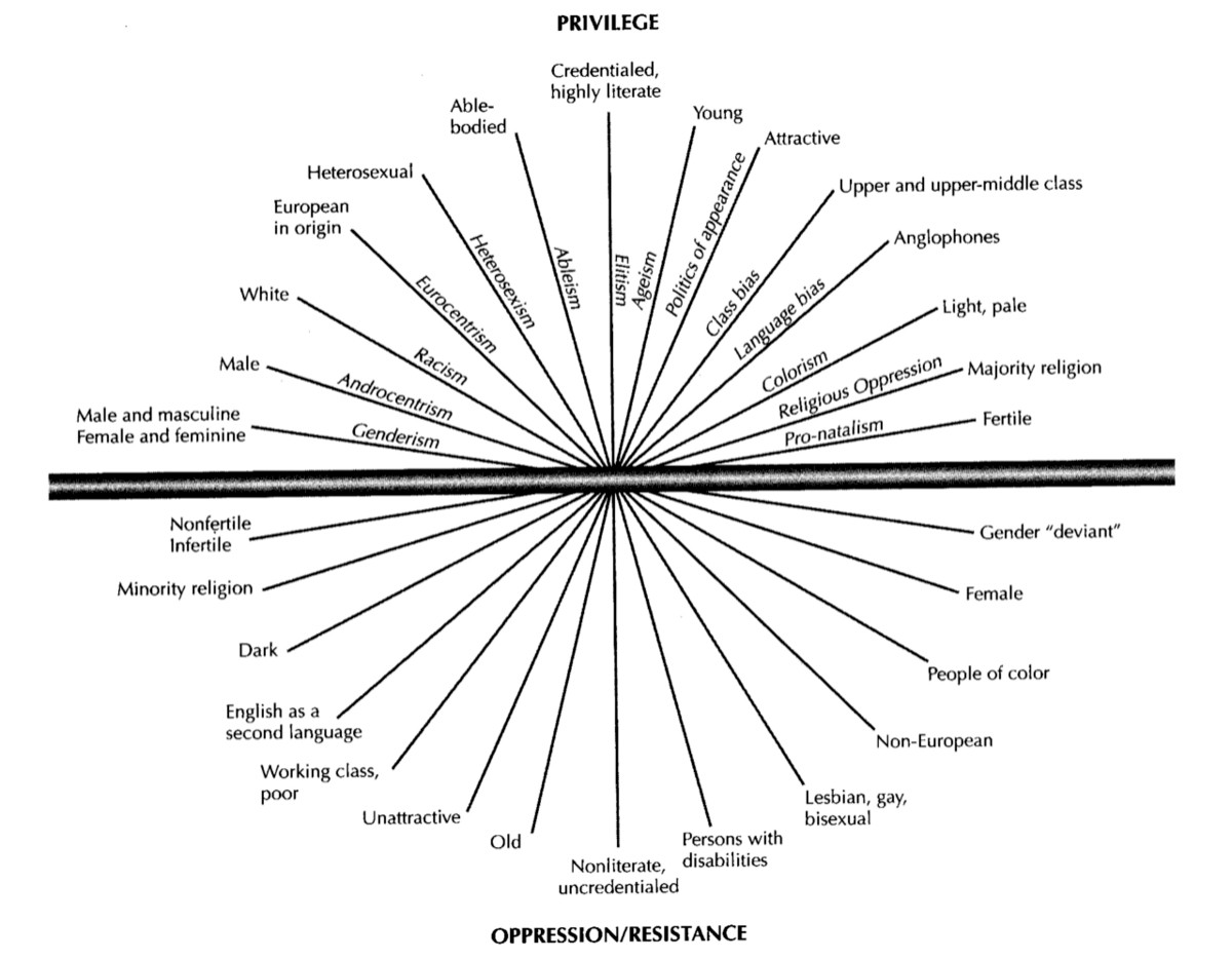 Grafico que describe la inrerseccionalidad: diferentes factores distribuidos como radios de un circulo, el cual está dividido por la mitad por una linea horizontal. Por encima de esta línea quedan por ejes privilegiados: ser varón, ser blanco, género concordante con sexo biológico, origen europeo, heterosexual, sin discapacidad, joven, atractivo, clase media y alta, alto nivel de estudios, piel clara, angloparlante, perteneciente a religión mayoritaria y fértil.
En la parte del circulo bajo la linea, aparecen los ejes de opresión en contraposición: estéril, religión minoritaria, piel oscura, inglés como lengua secundaria, clase obrera, no atractivo, mayor, sin estudios, con discapacidad, lgb, no europeo, de color, mujer o género no concordante.