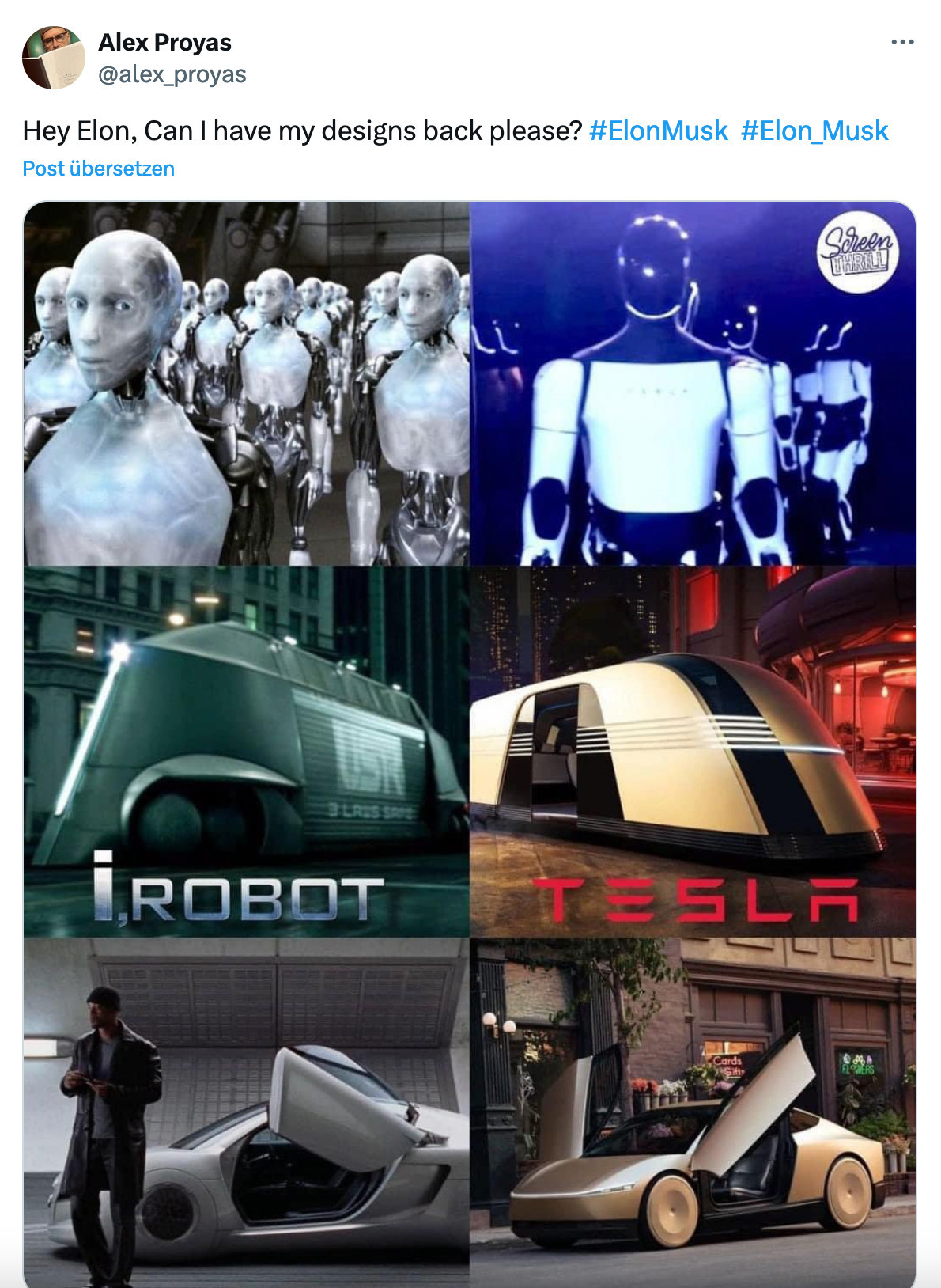 Regisseur Alex Proyas vergleicht auf Twitter die neuesten Tesla Entwicklungen (Roboter, Züge, Autos) mit Designs aus seinem Film „I, Robot“ und twittert dazu: Hey Elon, Can I have my designs back please?