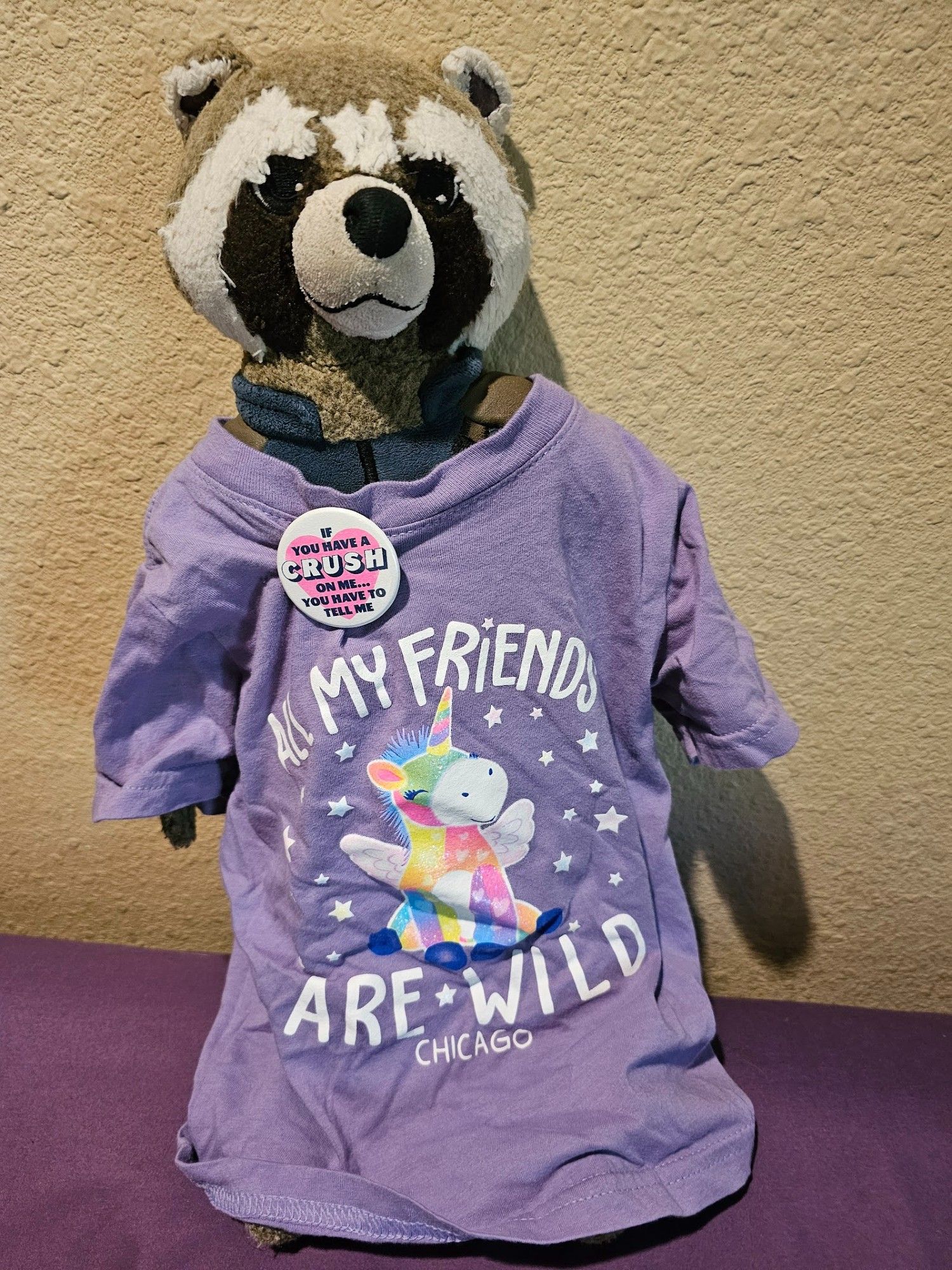 Plush Rocket Raccoon wearing a unicorn shirt reading "All my friends are wild" and a button reading "If you have a crush on me... you have to tell me"