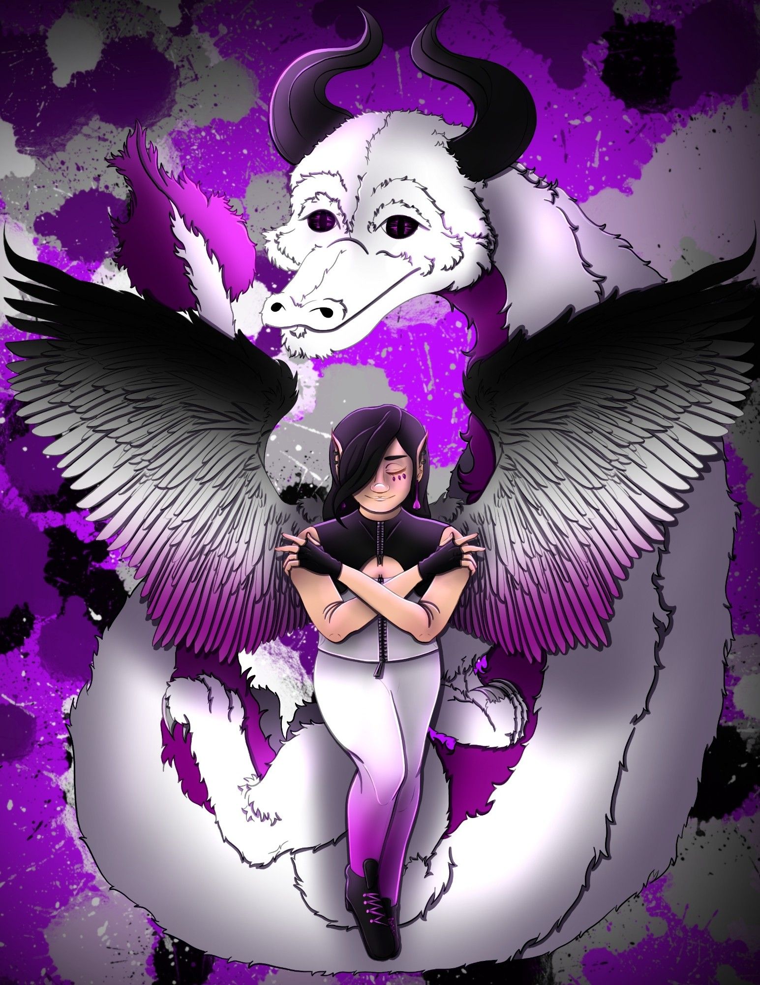 A winged female figure with wings colored like the asexual flag, with a white dragon curling behind her.