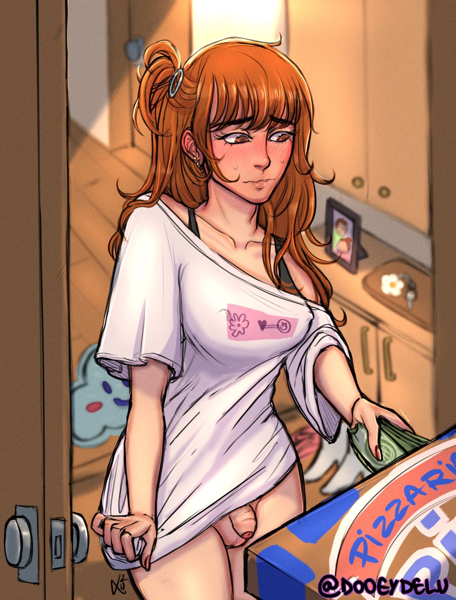 Embarrased Trans girl opens the door to catch her pizza, she is reaching the money while wearing only a sports bra and a big white T-shirt with pink logo, her dick is flacid and showing. She tries to hold her t-shirt down with the other hand. She is blushing a lot and averting her eyes