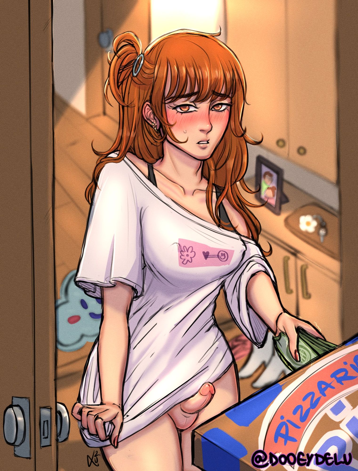 Embarrased Trans girl opens the door to catch her pizza, she is reaching the money while wearing only a sports bra and a big white T-shirt with pink logo, her dick is now erect and showing. She tries to hold her t-shirt down with the other hand. She now has an excitment expression on her blushing face