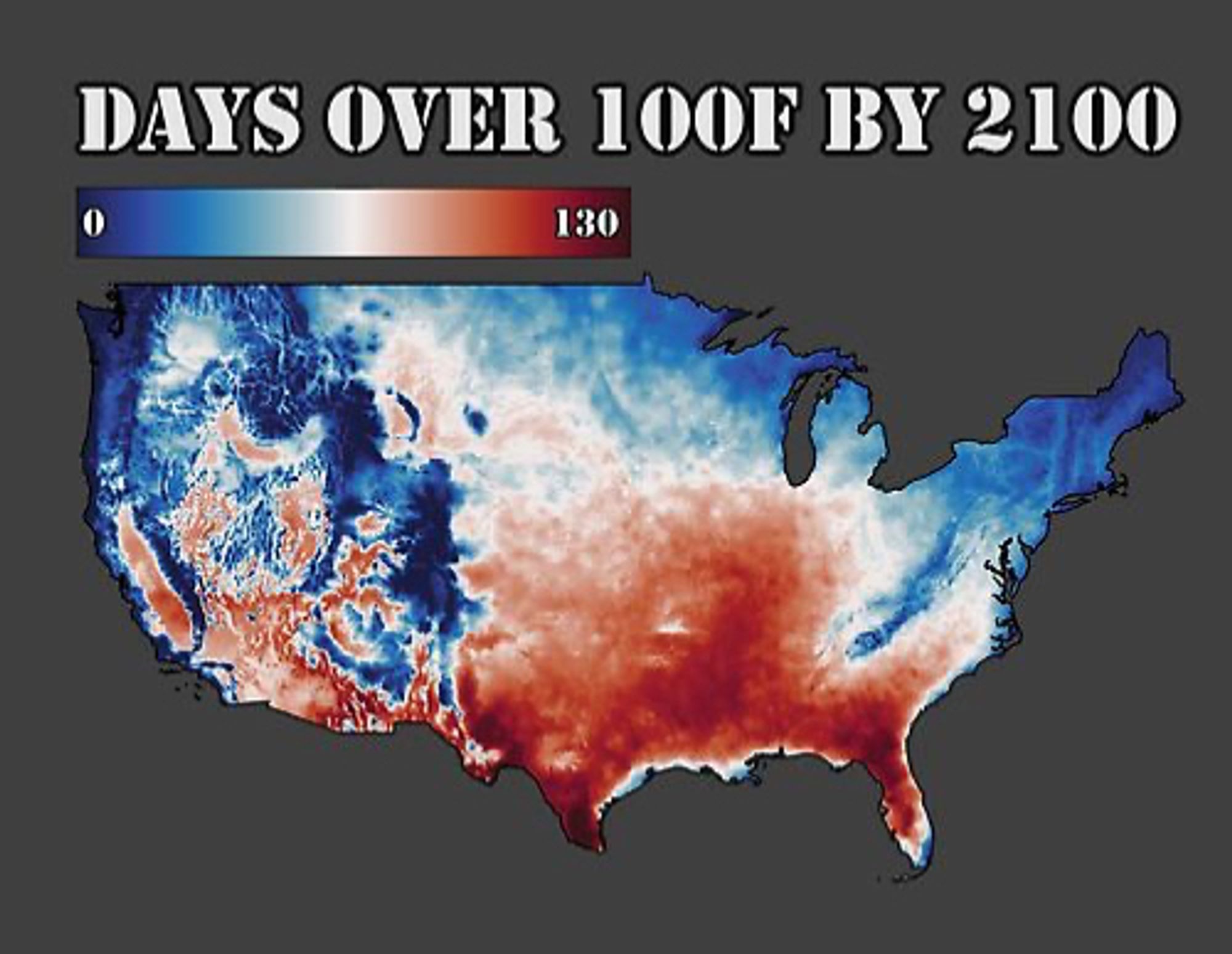 A map of the number of days per year to reach over 100 degrees F by 2070-2100. The color bar shows shades from blue (0 days) grading to white and then red (130 days). A map of the lower 48 states of the US shows that southern states and several states in the south west in shades of red, indicating more days of high temperatures. More northern states and areas of high elevation display shades of blue.