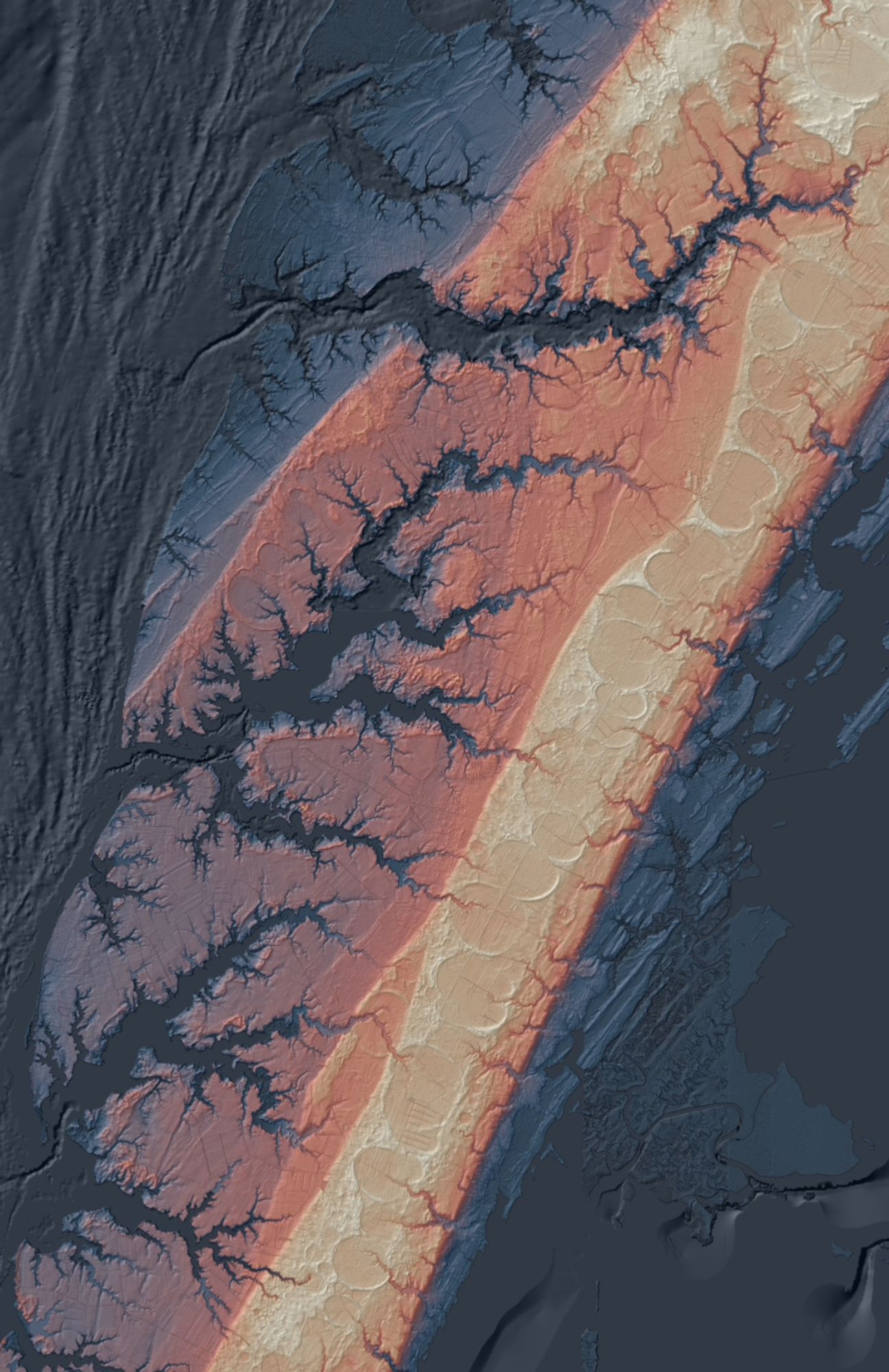 An elevation/ bathymetry map of the Eastern Shore in shades of blue, orange, and yellow, draped over a hill shade layer that gives a 3d impression.