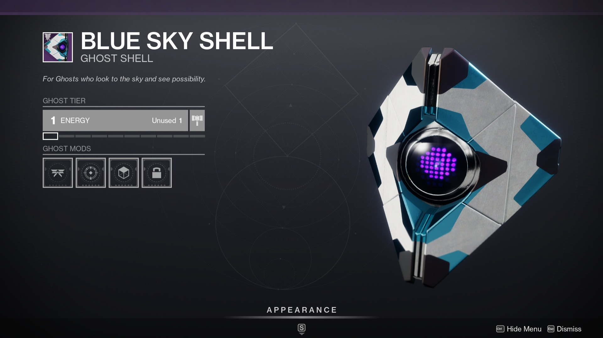 A Ghost from Destiny 2 wearing a white shell with bits of blue and black. The shell is called "Blue Sky Shell", and its tagline states: "For Ghosts who look to the sky and see possibility."