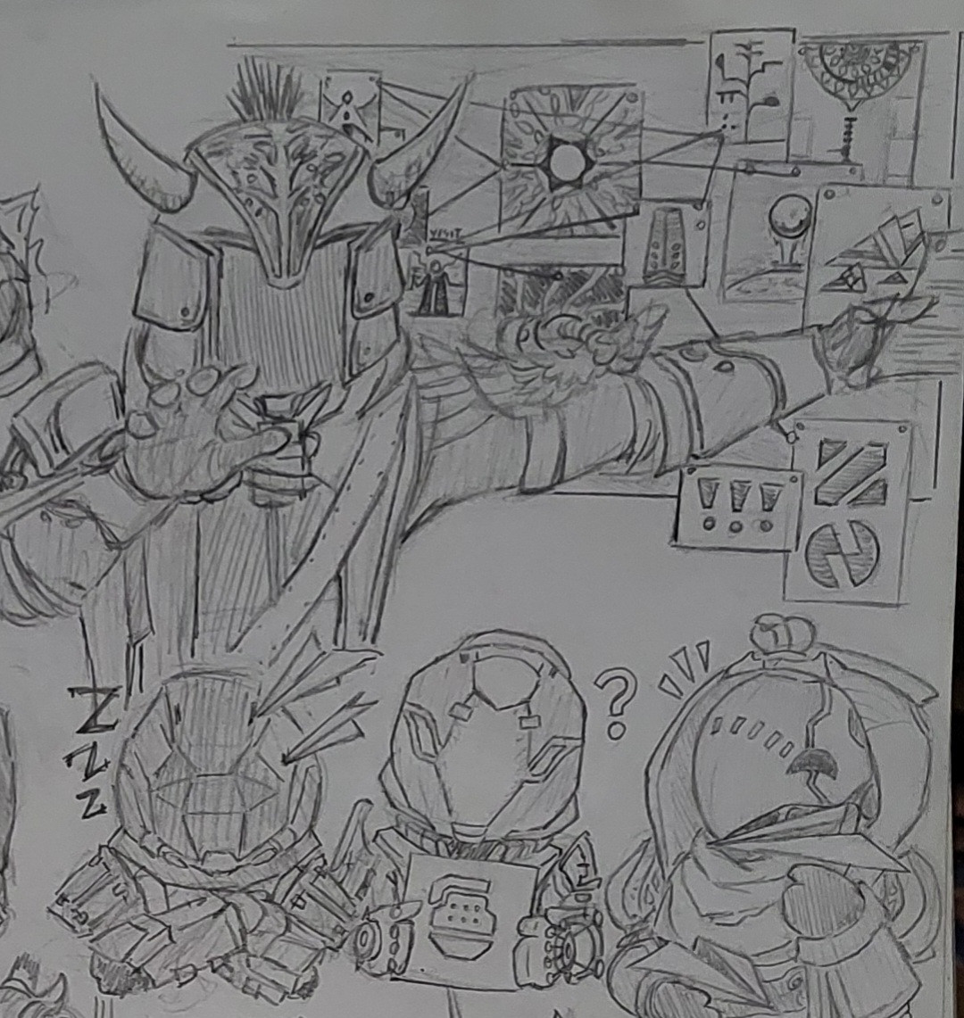 A sketch of a Destiny 2 Warlock doing the Charlie conspiracy meme (from Always Sunny in Philadelphia), with an audience of a sleeping chibi Titan, a confused chibi Warlock, and a mischievous chibi Hunter