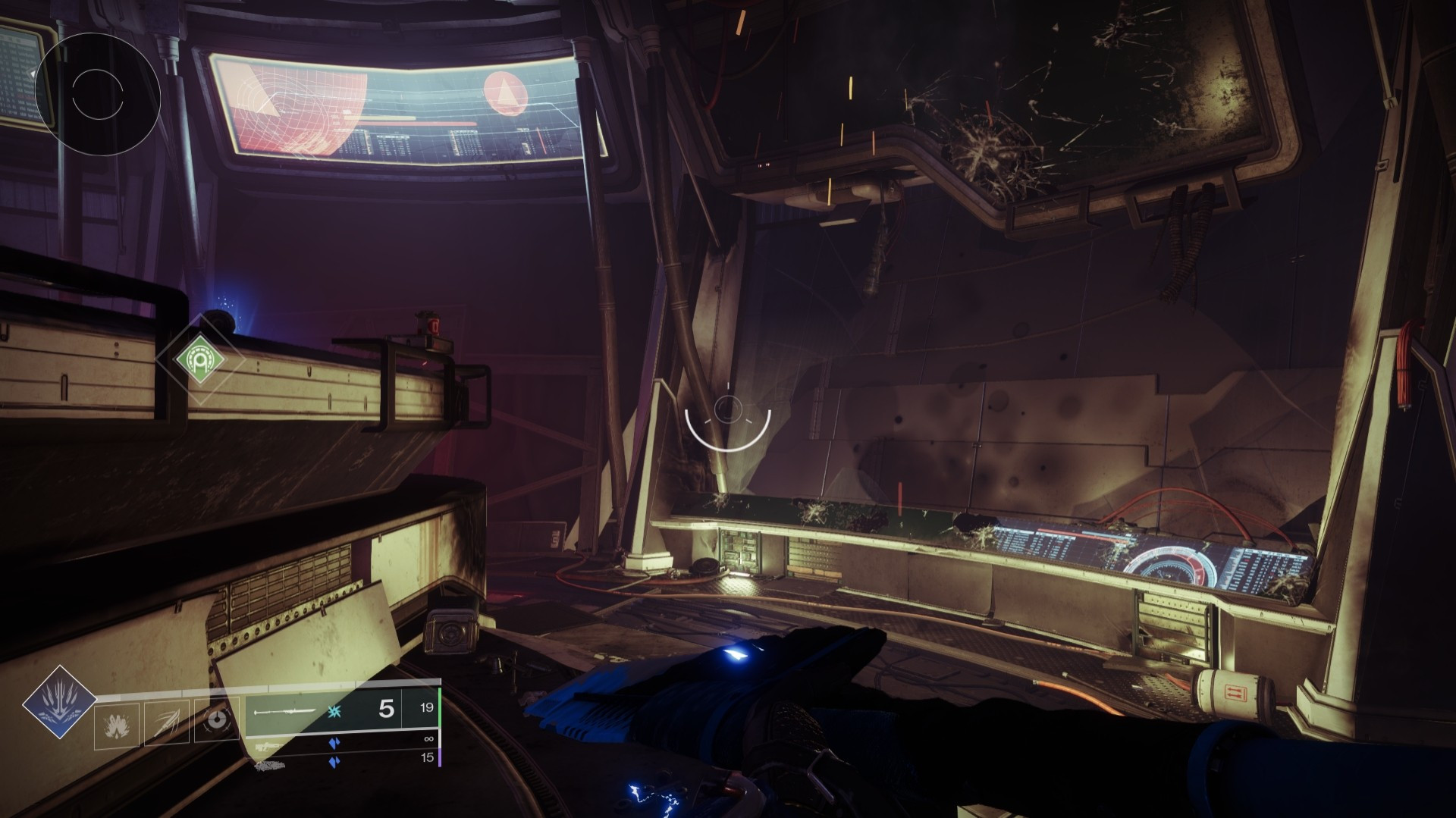 An interior view from the main area of the salvaged H.E.L.M. from Destiny 2, showing the broken windows on the right side of the room covered by emergency shutters.