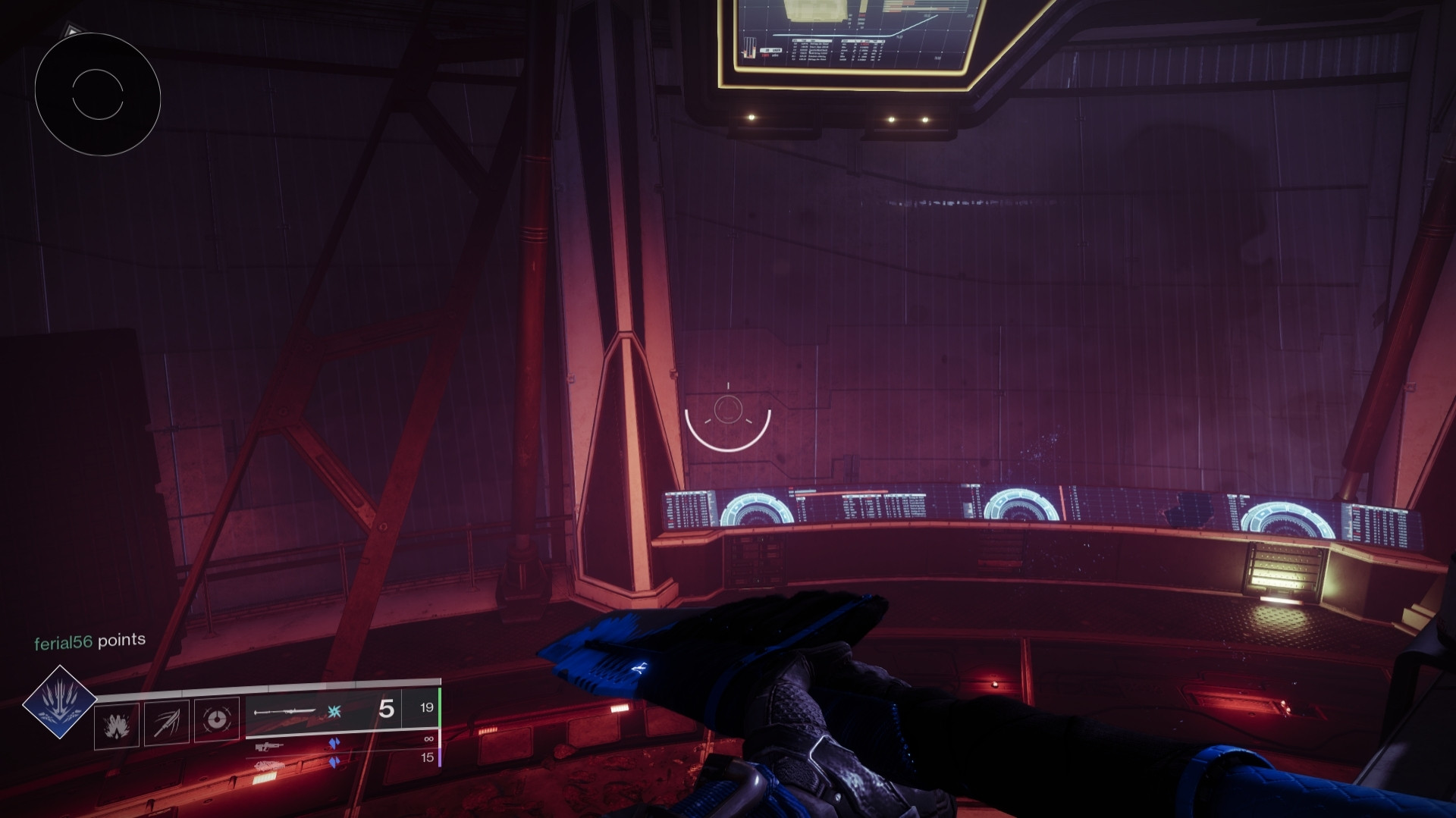 An interior view from the main area of the salvaged H.E.L.M. from Destiny 2, showing the damaged windows on the left side of the room covered by emergency shutters.