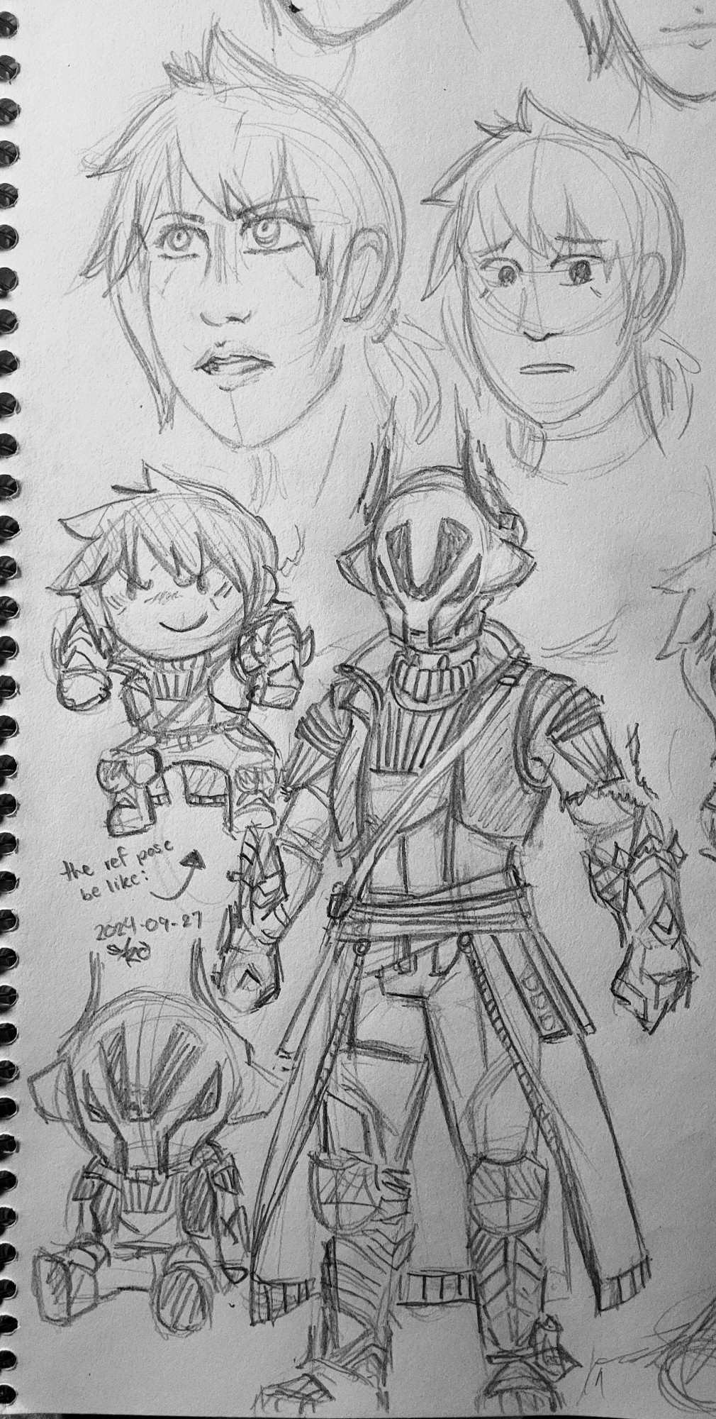 Sketches of a Destiny 2 Warlock, done with pencil on paper.
The biggest sketch on the page is a full-body drawing of the Warlock, and is surrounded by two chibi doodles, and two face sketches.
One of the chibi drawings has a text labeled: "the ref pose be like:" with an arrow pointing towards the chibi. This indicated that the neutral pose of the full-body sketch reminded the artist of a more gremlin-like pose, which is demonstrated by the aforementioned chibi.