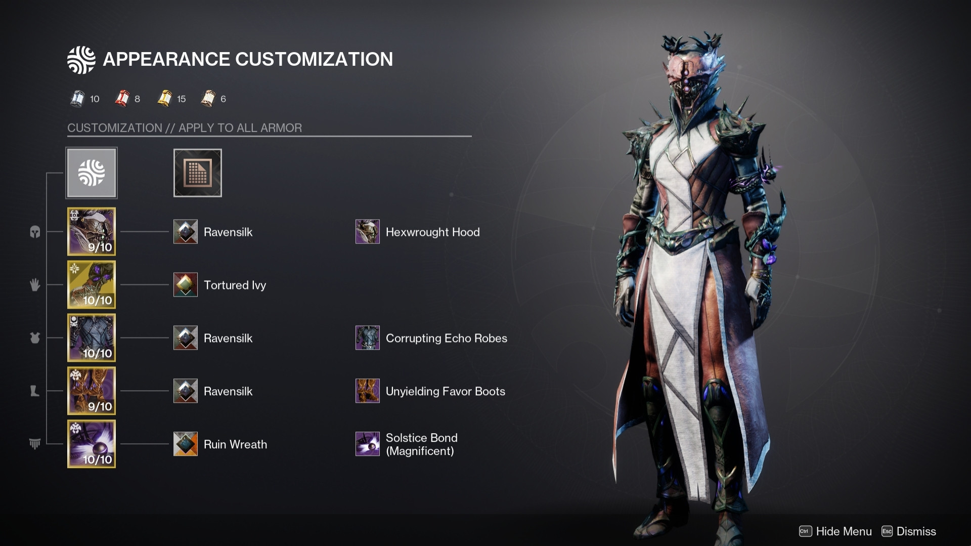 A Destiny 2 Warlock transmog page for an outfit to match the Briarbinds exotic