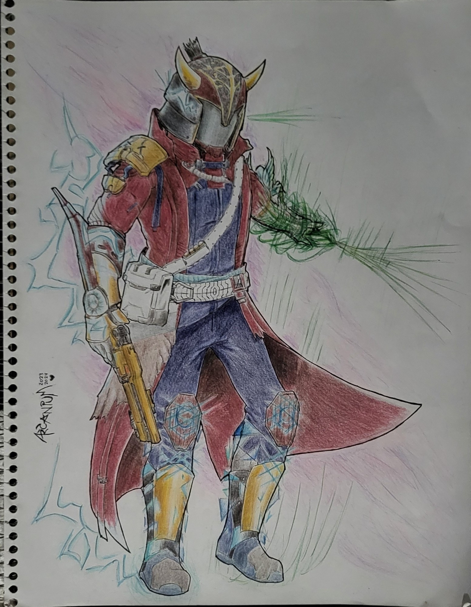 A traditional artwork of a Destiny 2 Prismatic Warlock, holding a Fatebringer handcannon, and wielding the power of Arc and Strand simultaneously