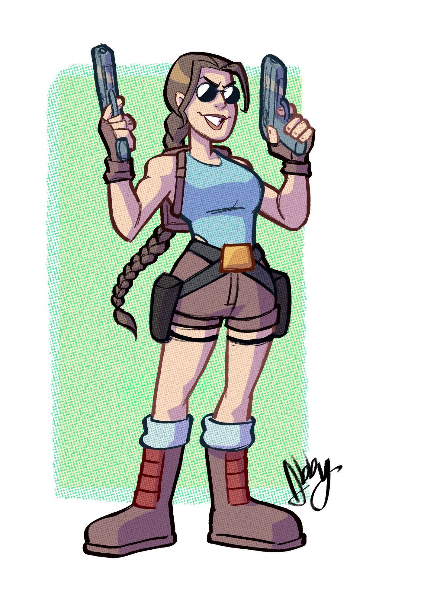 Cartoon drawing of Lara Croft.