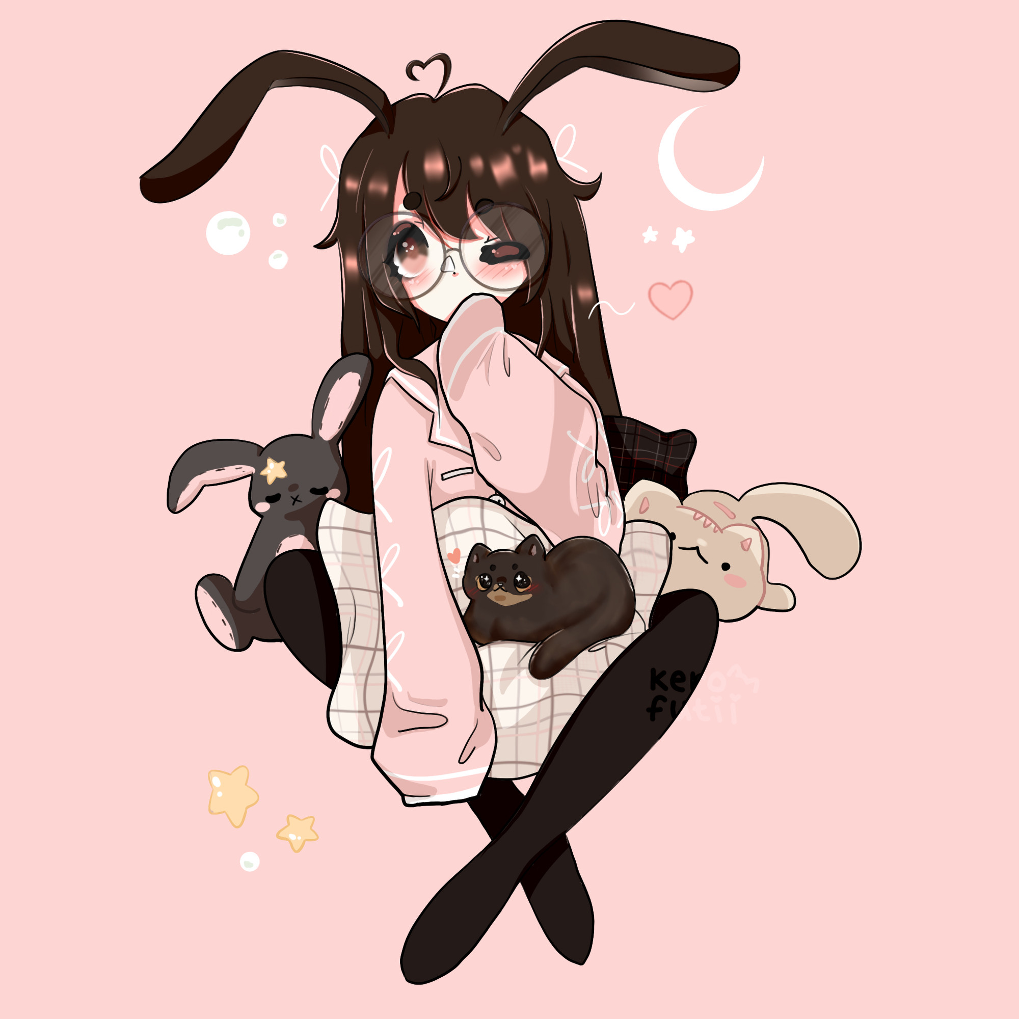 [Art by: @kerofutii] Illustration of Wispy's model, a white, nonbinary person. They are wearing round glasses, pink pajama shirt, and black socks surrounded by a brown bunny plush, a white cat plush, and upon their lap atop a pillow is Mochi, a tortoiseshell-patterned cat. They have long brown fluffy hair with a heart-shaped cowlick and brown eyes (one of which is winking).