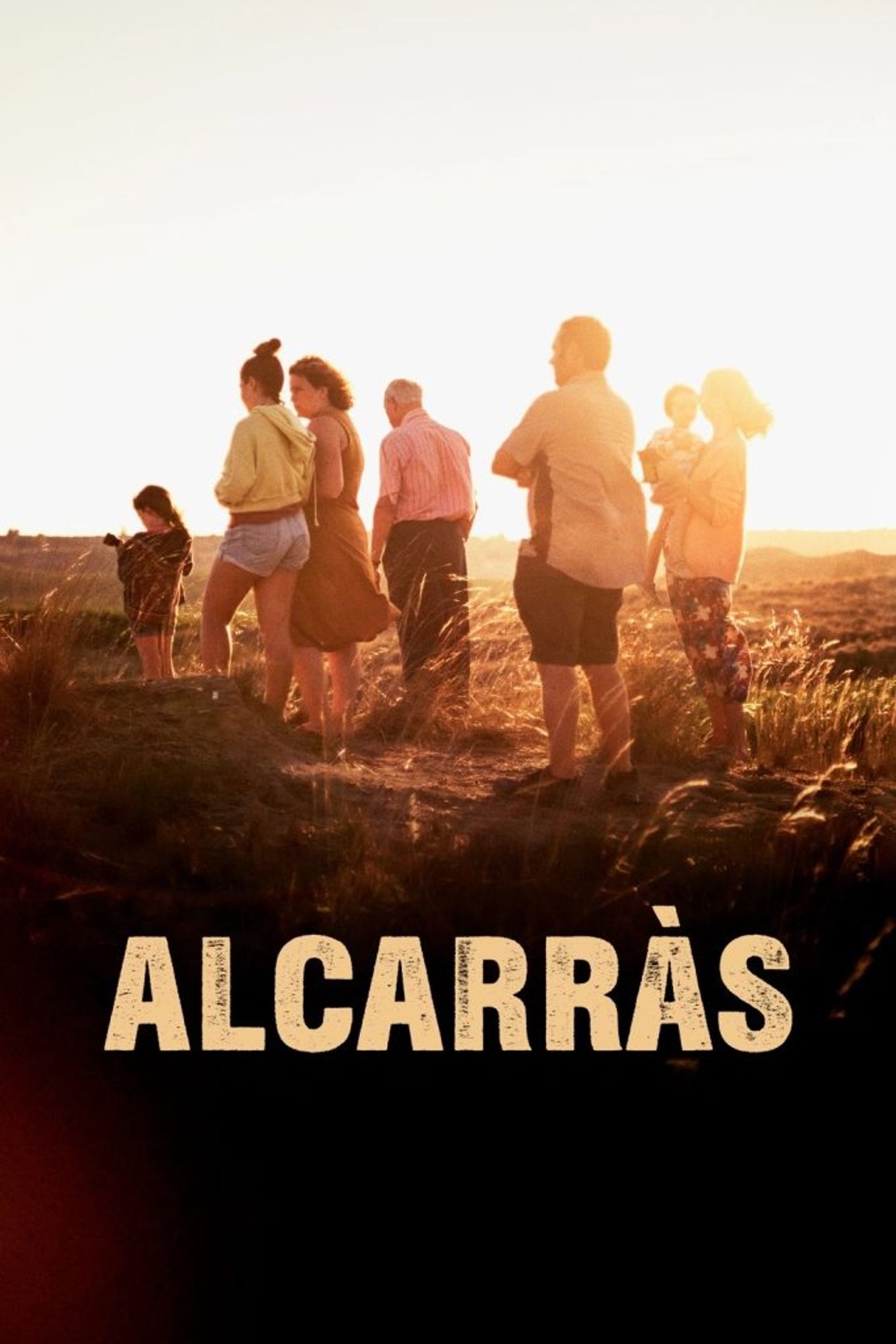 En un campo, al aire libre, siete personas dan la espalda a la cámara. Son dos hombres, tres mujeres y dos niños. Sus caras no se terminan de apreciar porque la imagen está un poco sobreexpuesta y la luz impide fijarse en las caras. En la parte inferior del cartel, el título: ALCARRÀS.