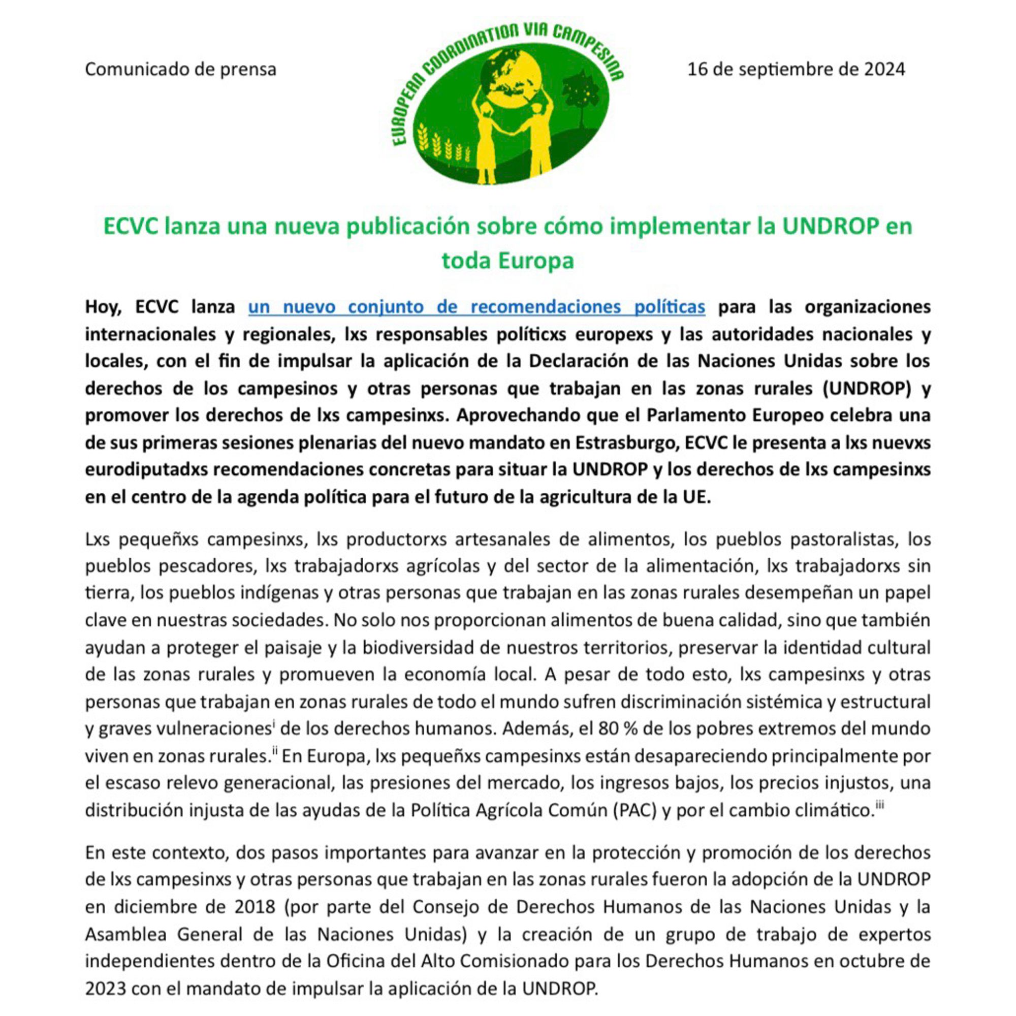 📣 Recomendaciones políticas para organizaciones internacionales y regionales, responsables europeos, autoridades nacionales y locales, para impulsar la aplicación del #UNDROP y promover los #DerechosCampesinos  ⚡️https://www.eurovia.org/es/comunicado-de-prensa/ecvc-lanza-una-nueva-publicacion-sobre-como-implementar-la-undrop-en-toda-europa 👉https://www.eurovia.org/es/publicaciones/55300 #DerechosCampesinosYA