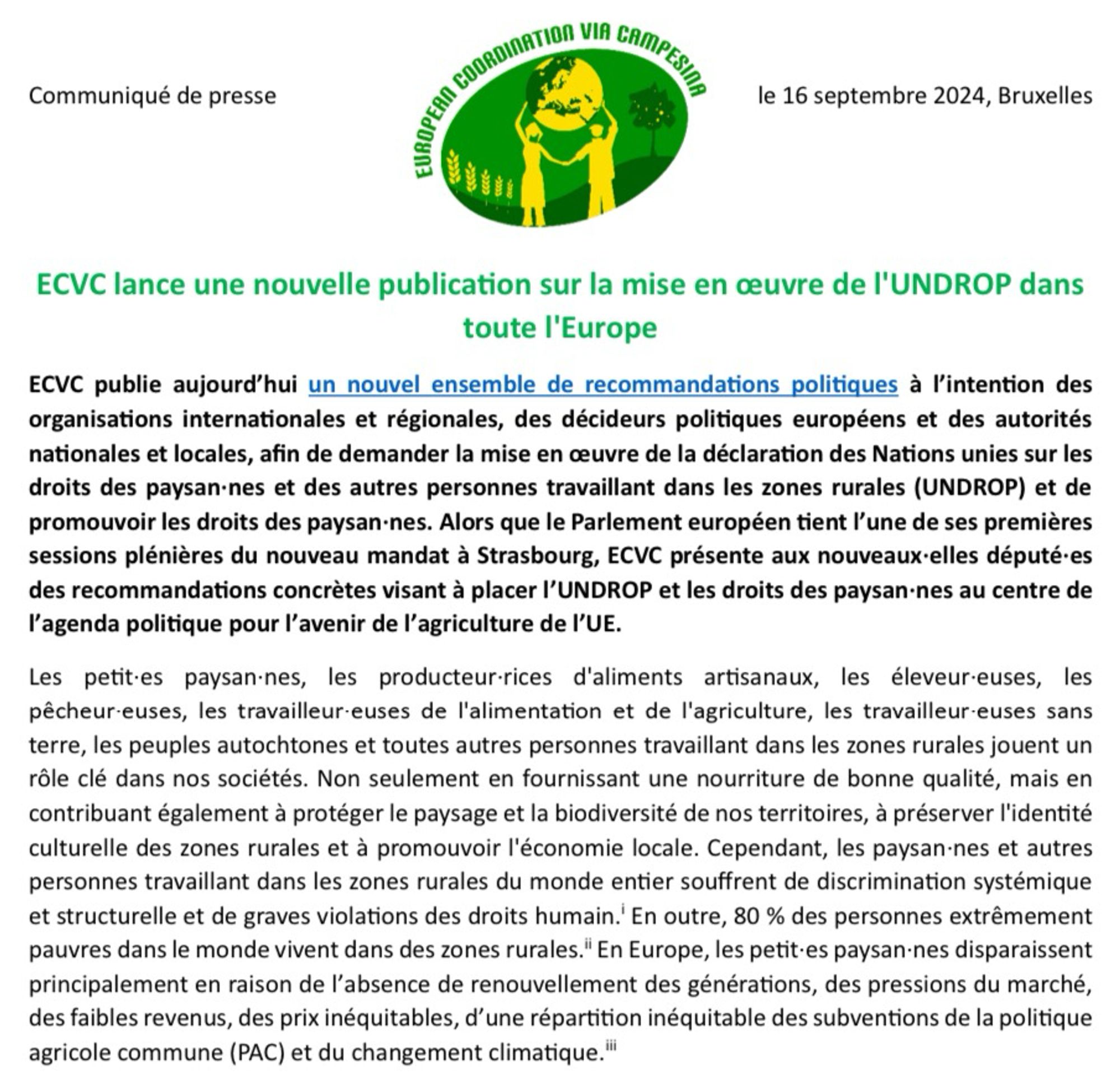 📣 Recommandations politiques pour les organisations internationales & régionales, les décideurs européens, les autorités nationales & locales, afin de pousser à la mise en œuvre de l’#UNDROP et promouvoir les #DroitsPaysans  ⚡️ Communiqué de presse : https://www.eurovia.org/fr/communique-de-presse/ecvc-lance-une-nouvelle-publication-sur-la-mise-en-oeuvre-de-lundrop-dans-toute-leurope  👉 Lire et télécharger la publication : https://www.eurovia.org/fr/publications/55300