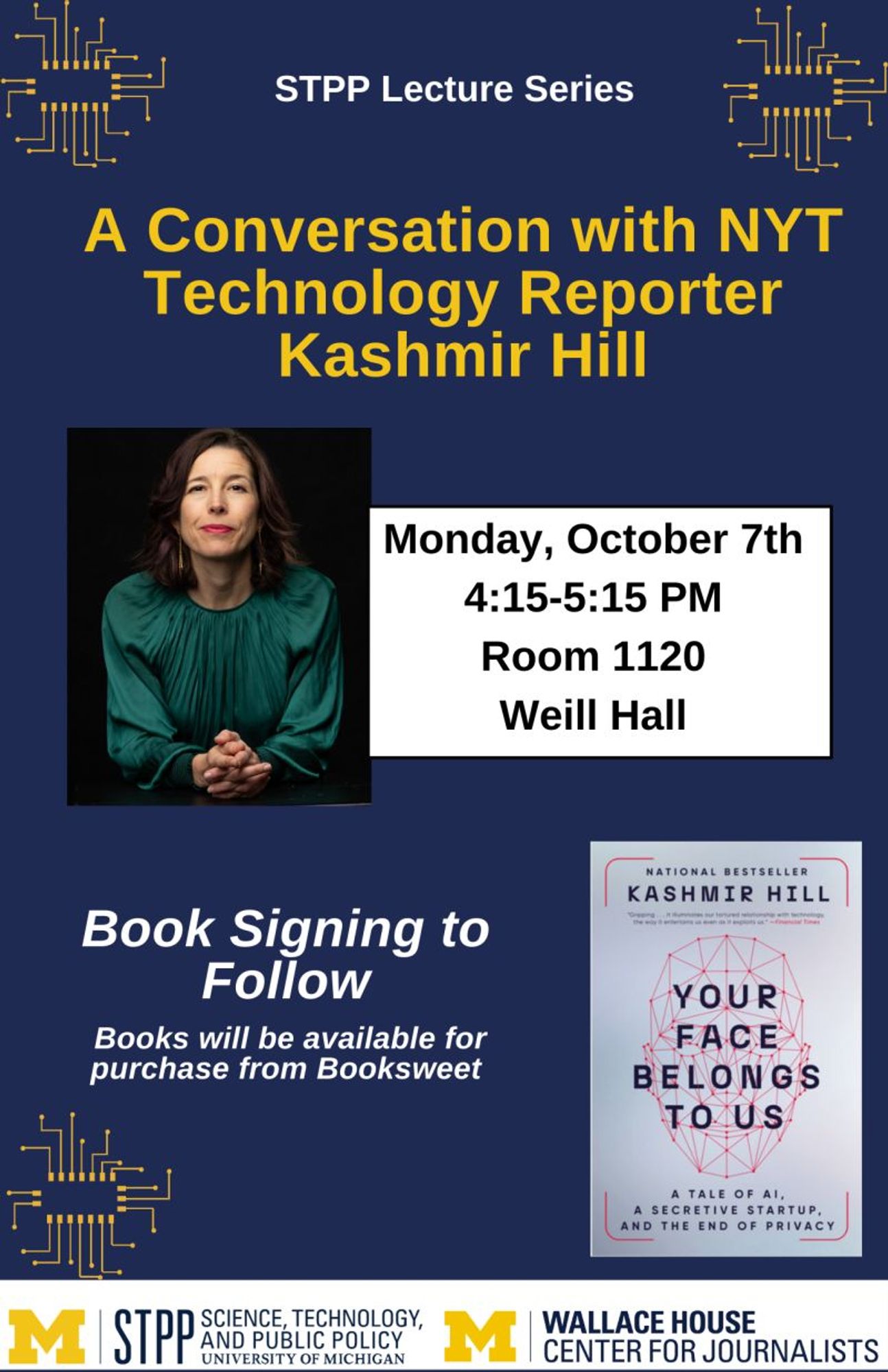 Poster for event with a picture of New York Times journalist Kashmir Hill, talking about her new book Your Face Belongs to Us. Book signing to follow.